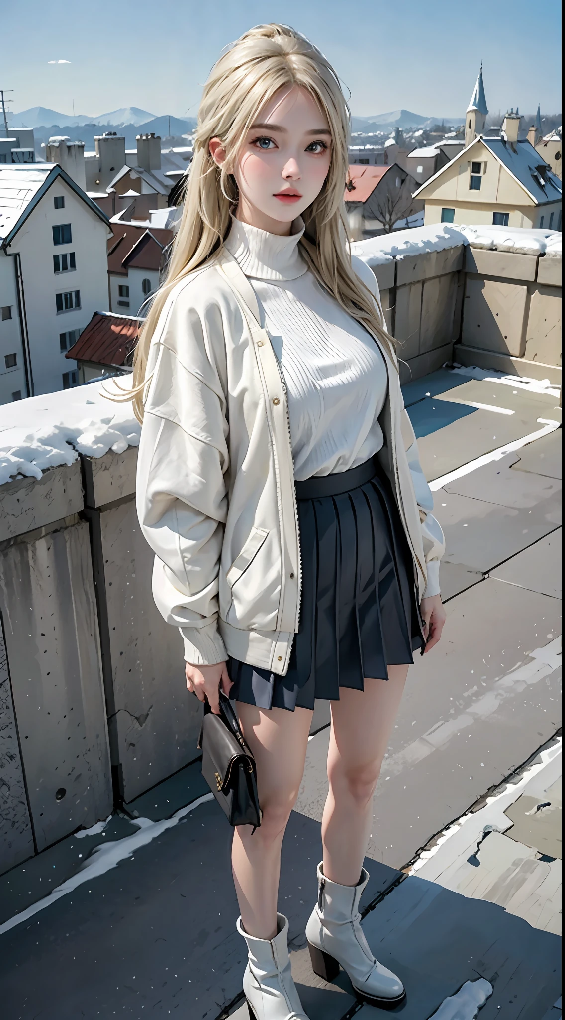 1girl, blonde hair, blue eyes, realistic,photorealistic, cowboy shot, close-up, low twintails, high collar sweater, puffy down jacket, short pleated skirt, bare legs, high heels, looking at viewer,standing, upper body, outdoors,snow, snow shelter, winter, european town, european style houses, (castle), noon, streets, sunshine,