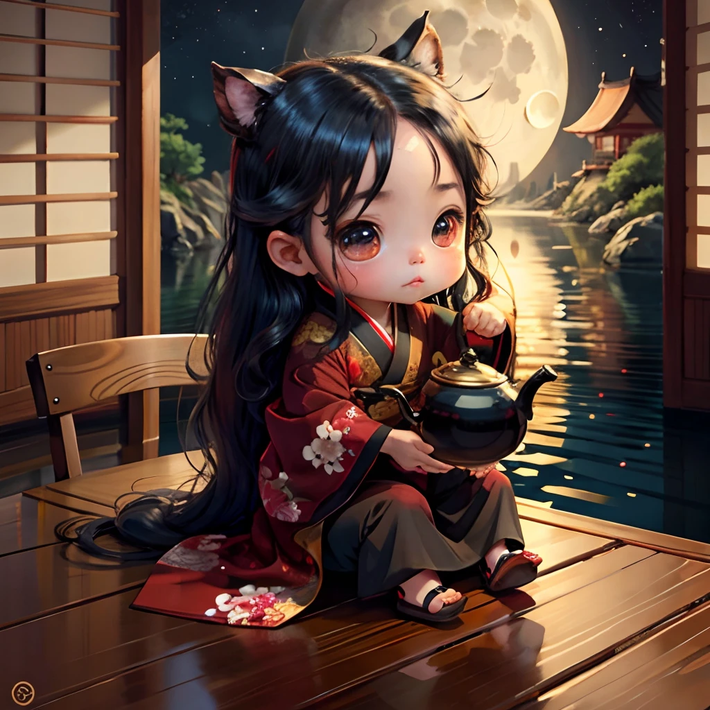 Cute  chibi anime, brown skinned, black and red kimono, sit in the teapot thank you note, moon, long black hair