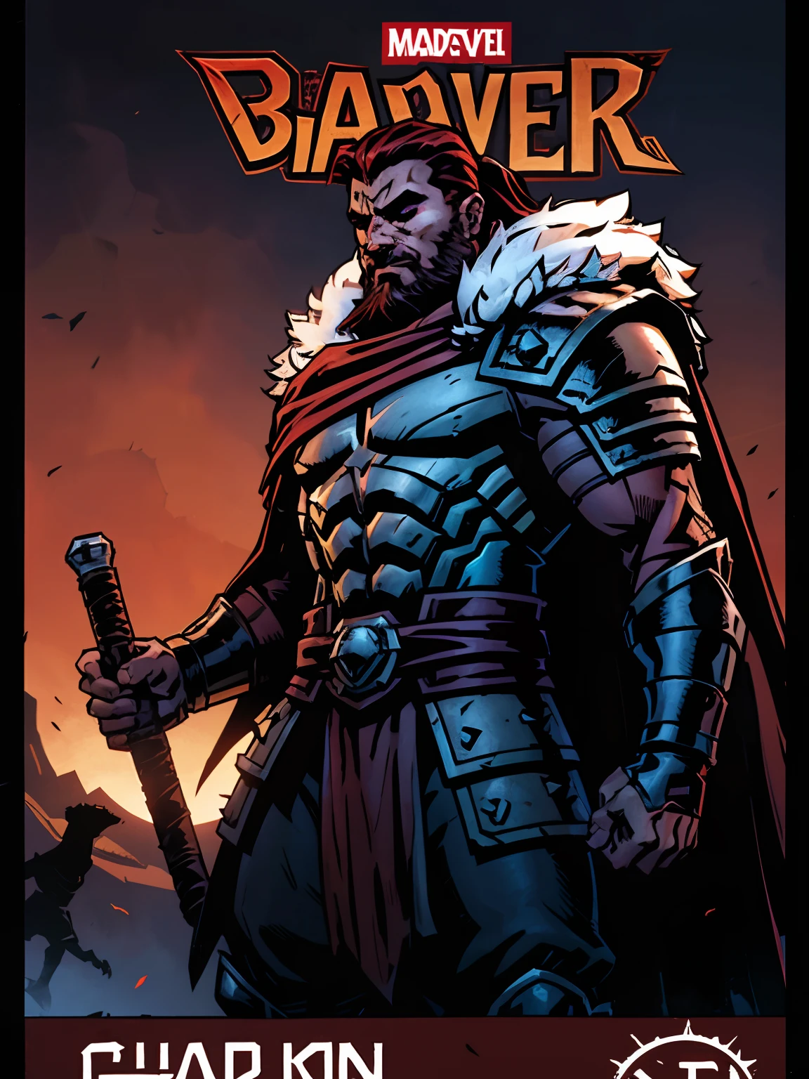 Darkest dungeon style, Sadurang from Marvel, hunk, shoulder length mane hair, defined face, detailed eyes, short beard, glowing red eyes, dark blue hair, wearing: heavy chest armor, cape of furs, scaled armguards, heavy boots., comic cover, Film-poster, Epic