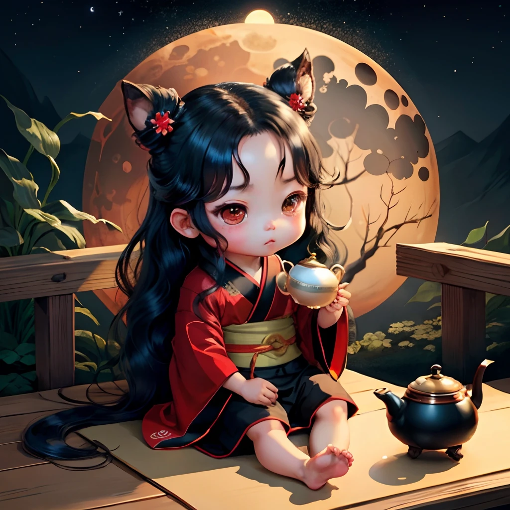 Cute baby chibi anime, brown skinned, black and red kimono, sit in the teapot thank you note, moon, long black hair