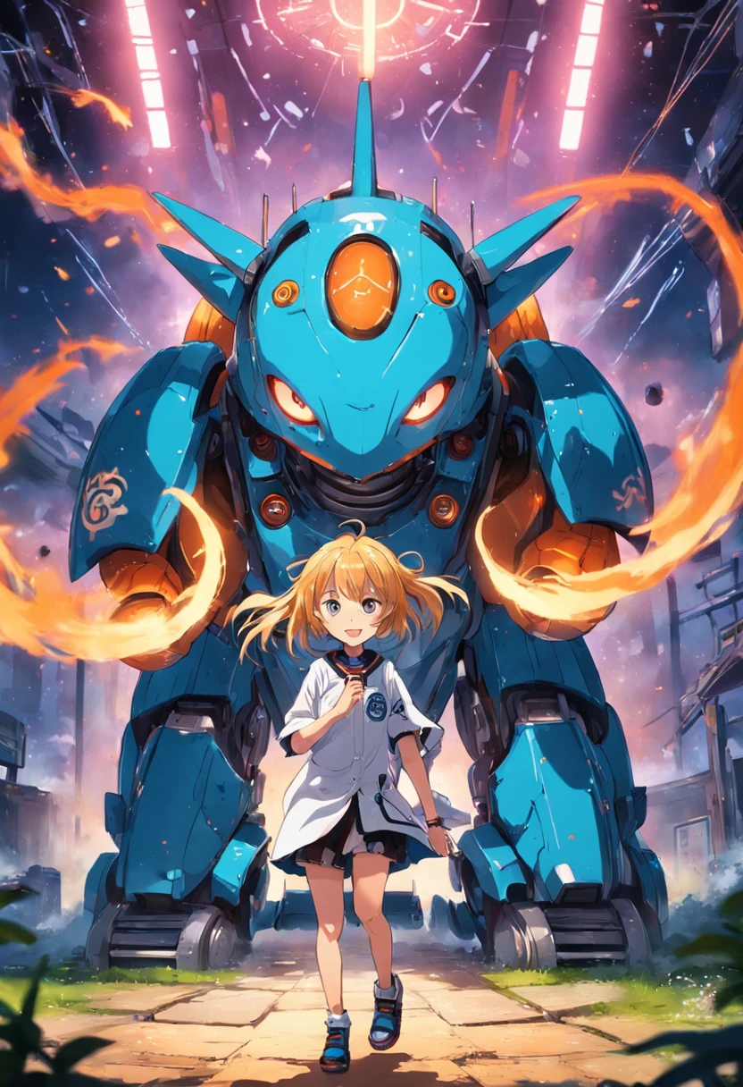 Erschaffe einen nerdigen Roboter, zwischen 12 und 16 Jahren alt, with an enchanting smile, that triggers emotions in people, wenn sie ihn sehen, and which is to be used for a technical school brand.