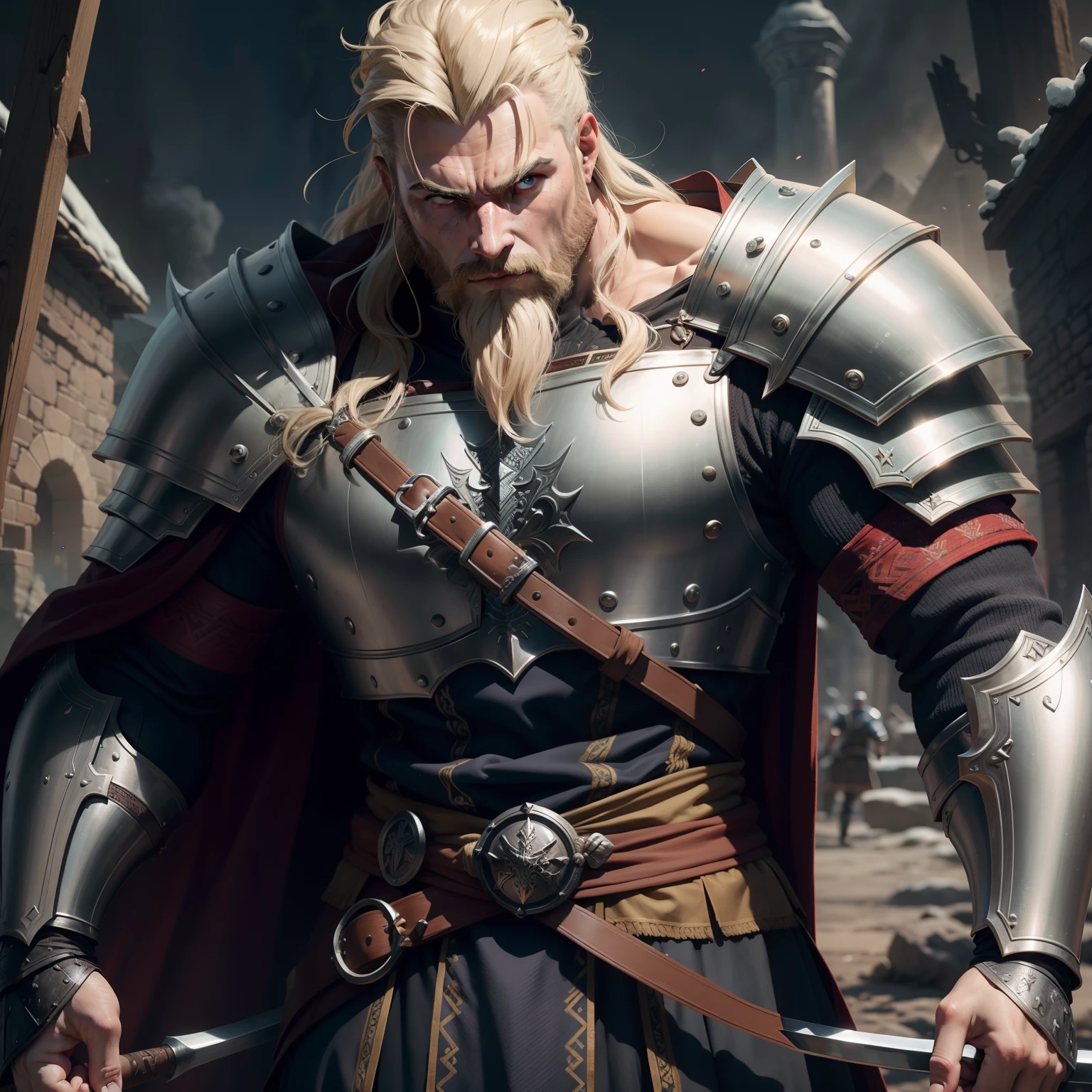 1 Man ((African)) warrior ((Viking))(beard on the battlefield, wearing Viking armor, muscular (((Detailed helmet)) ((large Axe in handdetailed))detailed face,(shielddetailed) as drop shadow, halftone, vanishing point, diffraction peaks, f/1.8, Nikon, high detail, UHD, masterpiece, best quality, highres, 32k