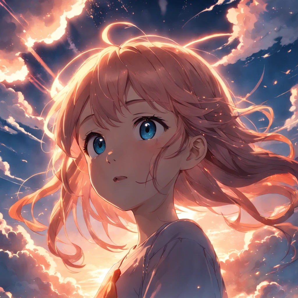 masterpiece, best quality, movie still, 1girl, cloud girl, floating in the sky, close-up, bright, happy, warm soft lighting, sunset, (sparks:0.7)