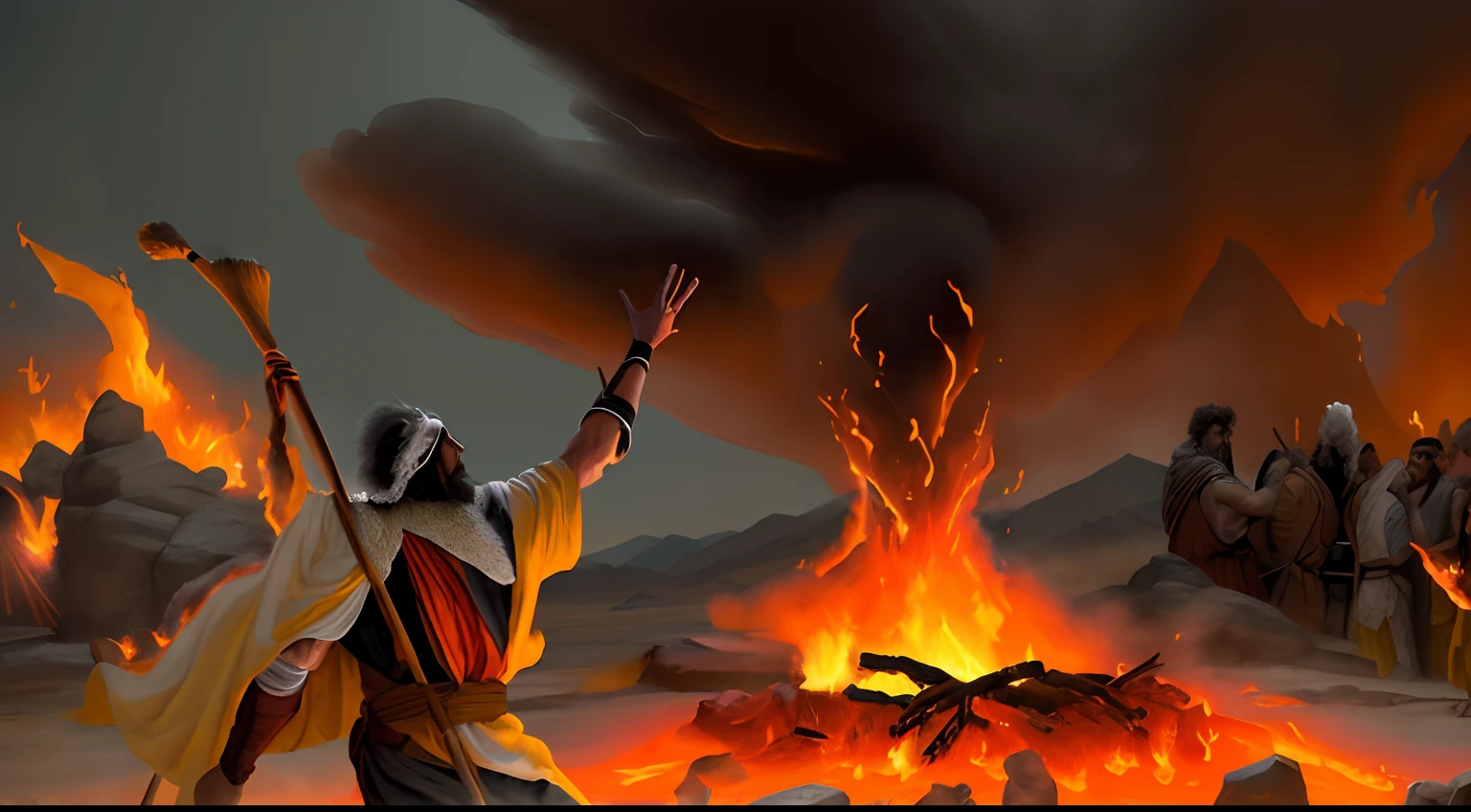 Painting of a man with a staff and a staff in front of a fire, epic biblical representation, moses, To destroy Satan's kingdom, biblical painting, biblical image, empunhando fogo, O fogo nascido, fire behind him, biblical art, Ancient Biblical, fim dos tempos, Fire and explosion, fogo e enxofre, empunhando uma bola de fogo, Directed by: Dennis Ashbaugh