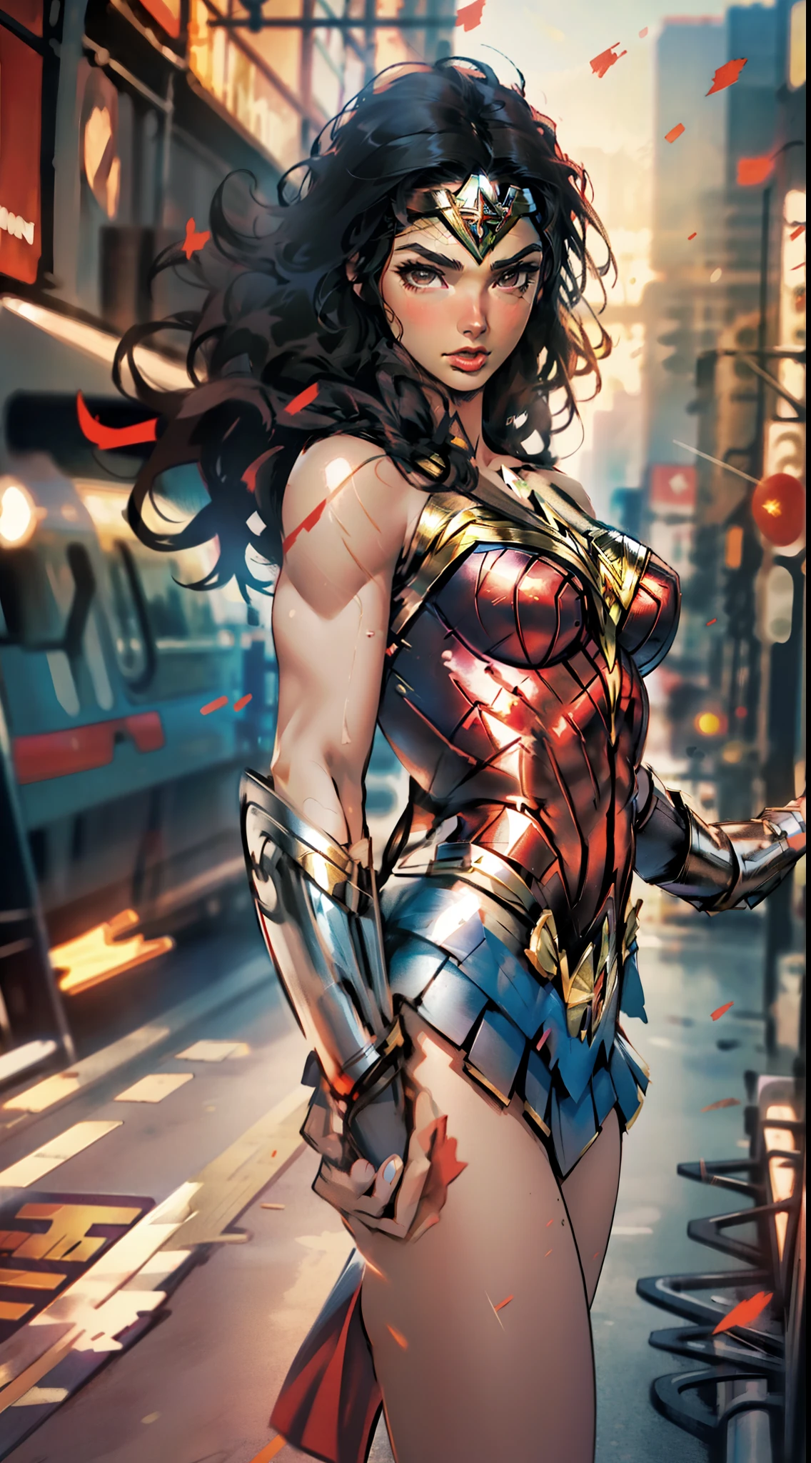 best quality, 1girl, solo, wonder woman, breasts, looking at viewer, upper body, black hair,  brown eyes,  cityscape, blurry background,