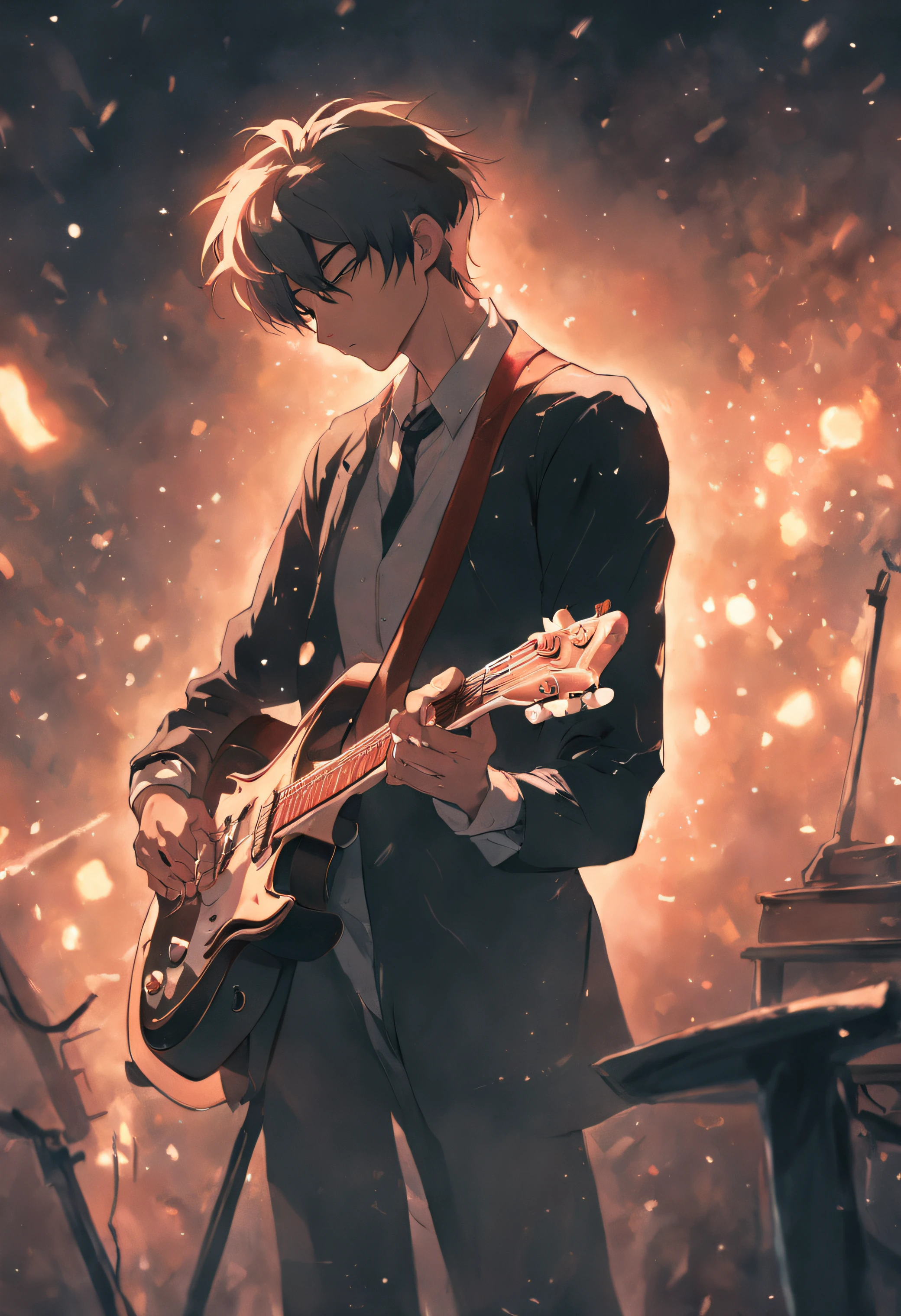 A grainy realistic poor quality picture in the 60s of a handsome looking Vintage man playing guitar.He's in profile, Looking forward with a serious, concentrated expression. He holds the guitar with both hands...