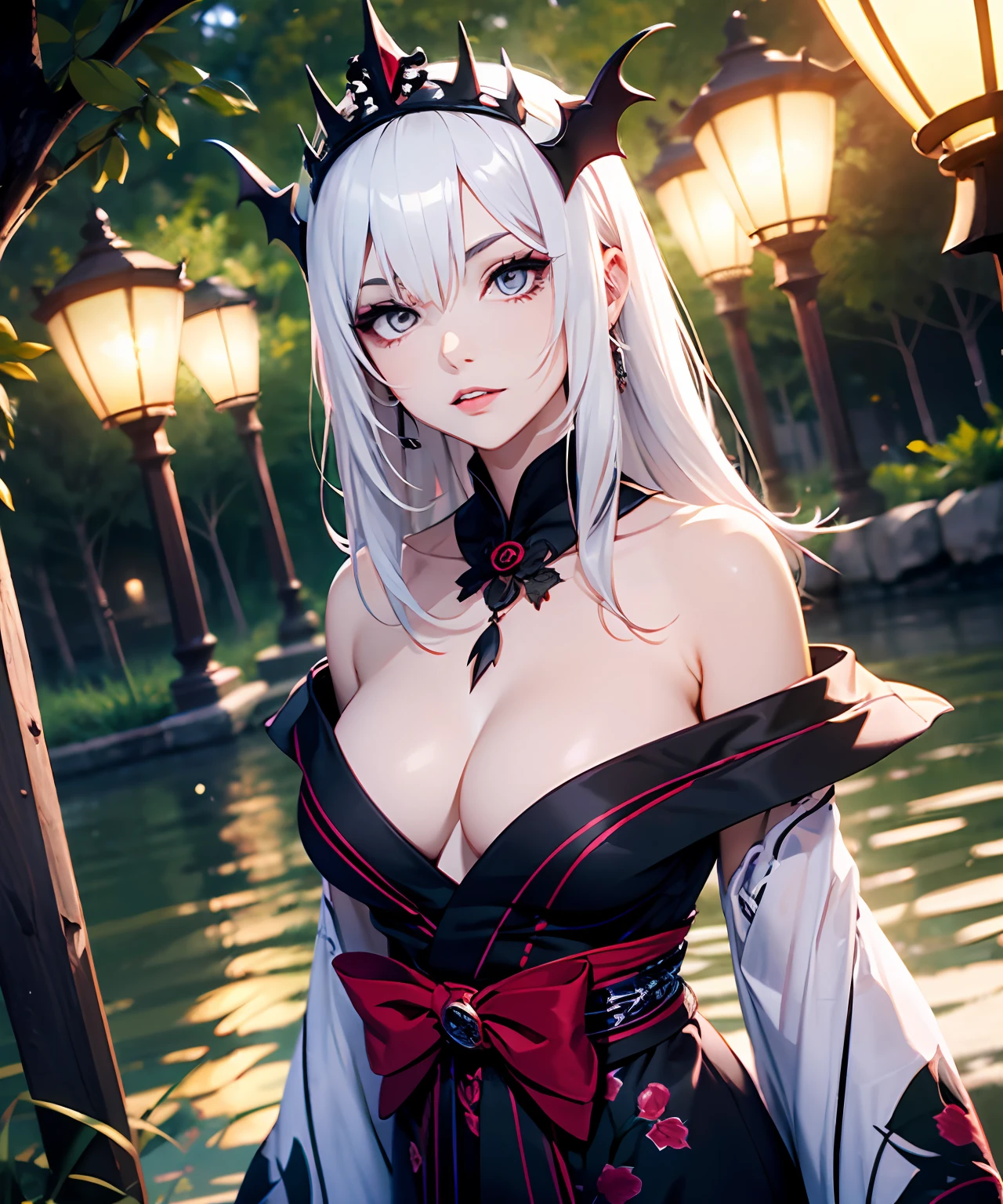 master part, illusion, extremely high quality, Noite, noite nublada, Oborotsuki, ((Pirilampos)), ((Rural area)), (Rural area), River surface, mulher adulta em yukata, nevoeiro vespertino espesso, nevoeiro vespertino fluindo, gelo seco, nevoeiro espesso, confession, lamentar, Sunniness, cabelos pretos longos, Brilho capilar, Depois da chuva, corpo inteiro, Overhead, Lantern of the Androgynous Piavampire, Goddess of short shoulder-length white hair, No estilo de arte de Bowater, rainha vampira bonita, female disney villain, Beautiful elegant demon queen, rainha feminina vampira bonita, she is the queen of black roses, cabelos brancos carmesim e olhos vermelhos, Lilith
