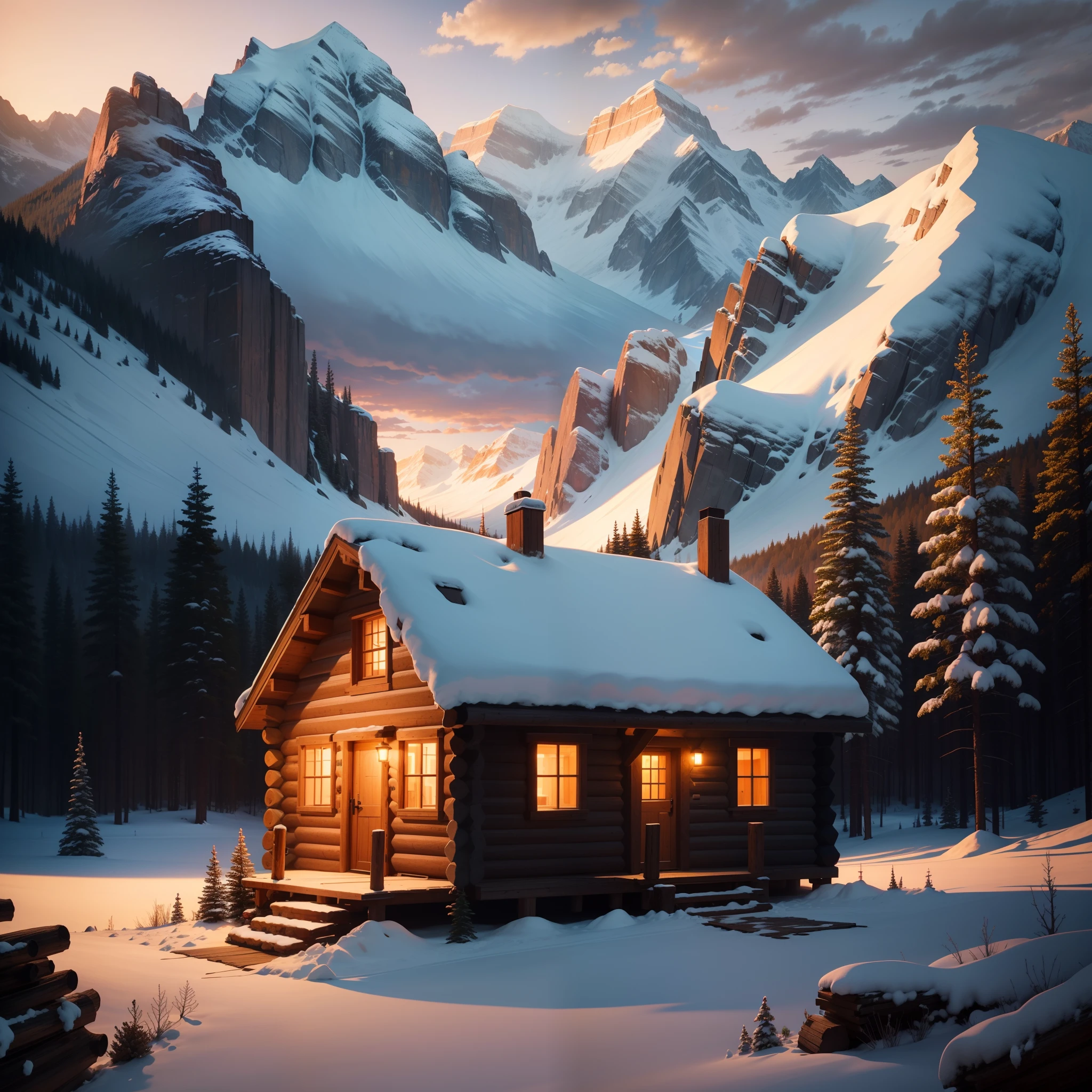 a small log cabin in the rocky mountains at sunset. super detailed, realistic.