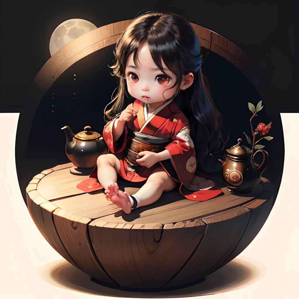Cute chibi anime, brown skinned, black and red kimono, sit in the teapot thank you note, moon, long black hair, clear toes, clear feet, freckle face