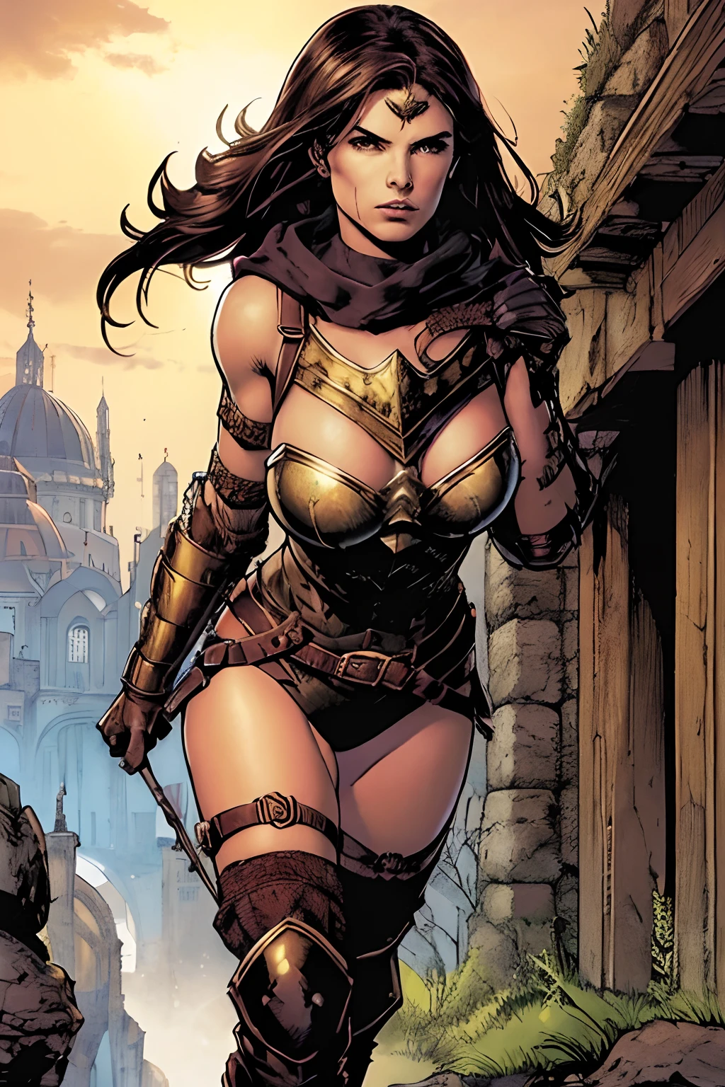 (masterpiece, top quality, best quality, official art, beautiful and aesthetic:1.2), (1girl:1.3), dark brown hair in a huge ponytail, extremely detailed, portrait, looking at viewer, solo, (full body:0.6), detailed background, close up, (hot summer coliseum theme:1.1), human gladiatrix, charlatan, mysterious, walking in forest, revealing bronze gladiator armor, spear and shield, brown leather, cowl, cloak, bracers, armor, gauntlets, helmet, facemask, long boots, buckles, straps, light grey fabric, brown leather, ((gigantic breasts)) cleavage, skindentation, slim waist, slim hips, long legs, medieval (coliseum arena exterior:1.1) background, dark mysterious lighting, shadows, magical atmosphere, dutch angle