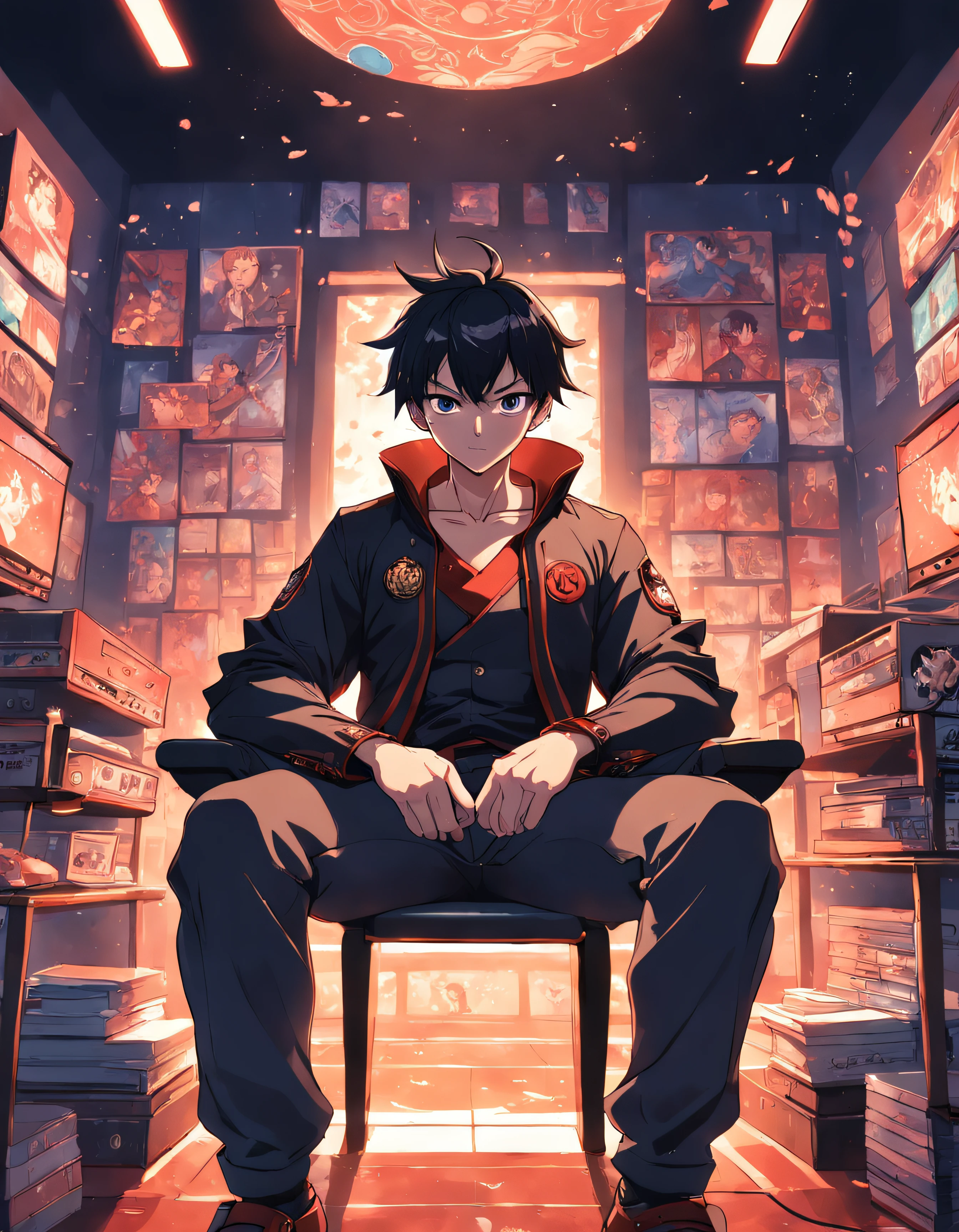 (masterpiece, melhor qualidade), Anime, homem, emotions, sentado em uma cadeira gamer, em um quarto luxuoso, perspectiva frontal
