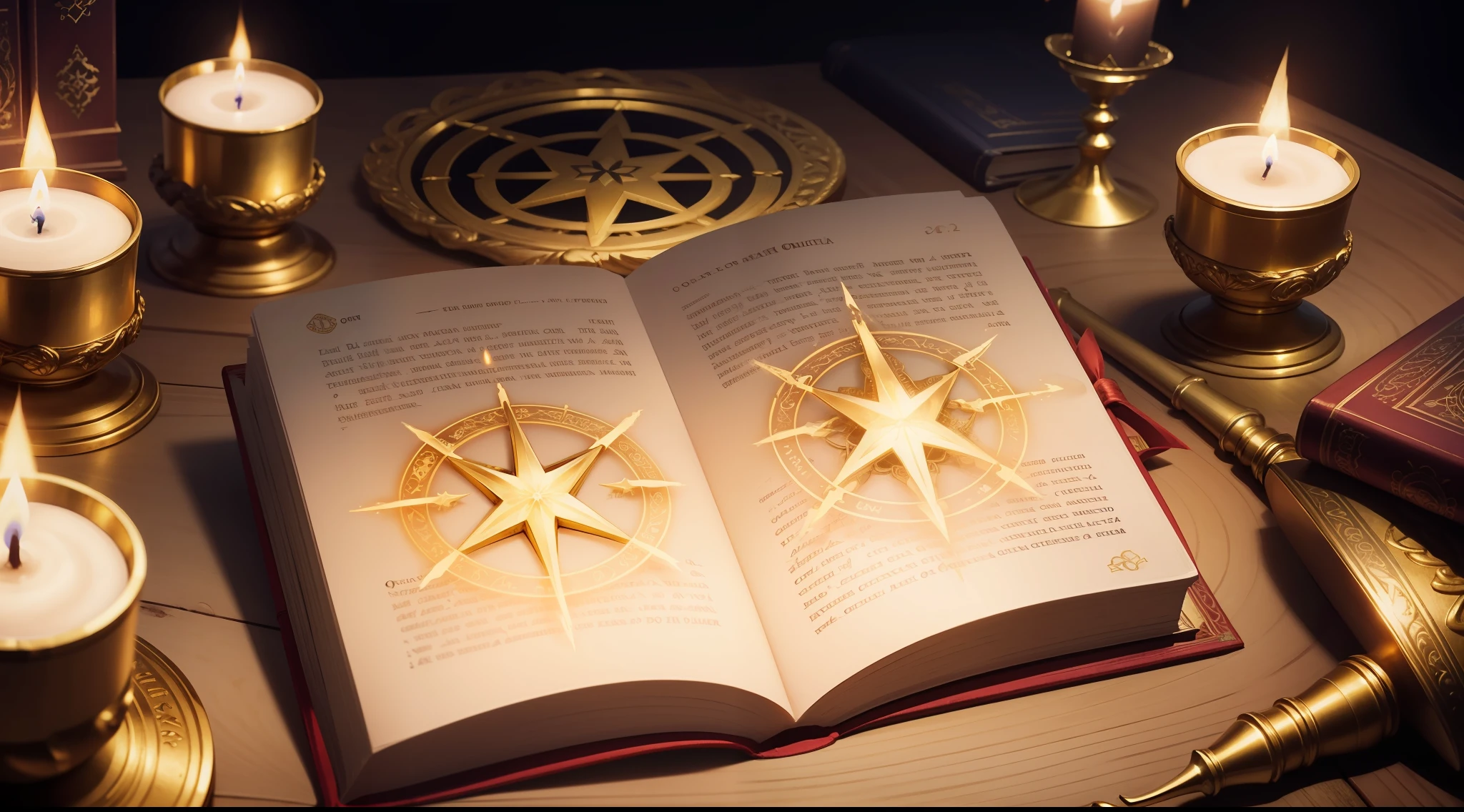 The candles are lit in a book with a golden frame, open magic book glowing, magic book, Iluminado com velas, black magic spells, holy fire spell art, spell book, spell casting wizard, holy flame spell, spell casting, spells magic, Completo - Vista, Spells and magical weapons, biblical art lighting, captura de tela de alta qualidade, com detalhes dourados, tudo em ouro e prata, Number 3 in Ouro Santo