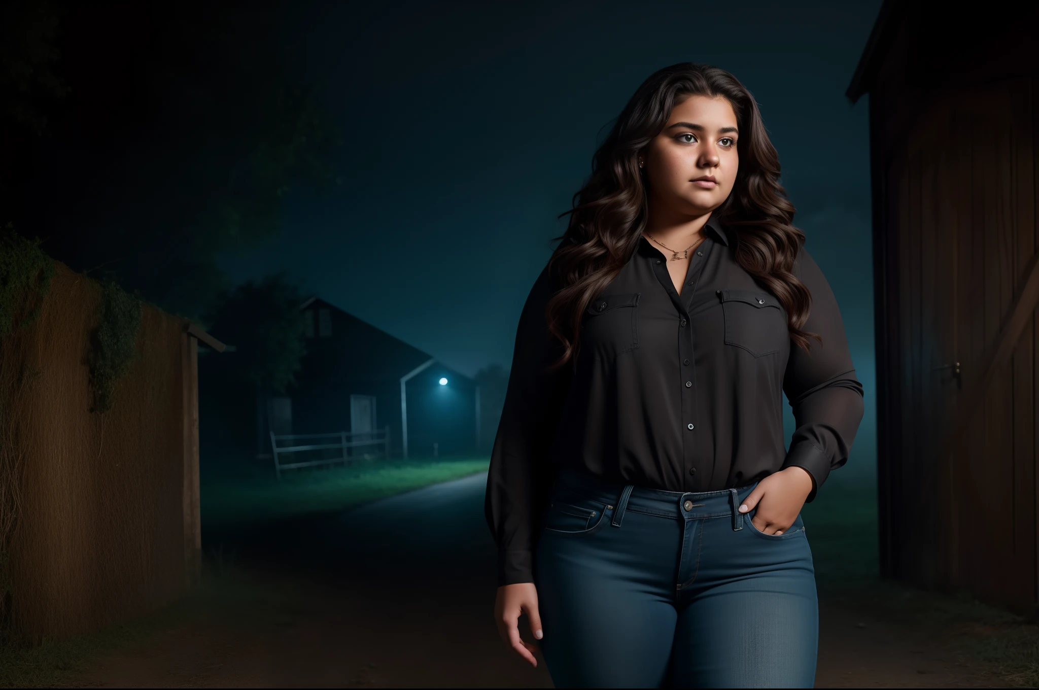 ultra realistic 8k image of a 22 year old woman, ugly, wavy hair, chubby, latin features, dressed in a black blouse and jeans, scared in a night farm.