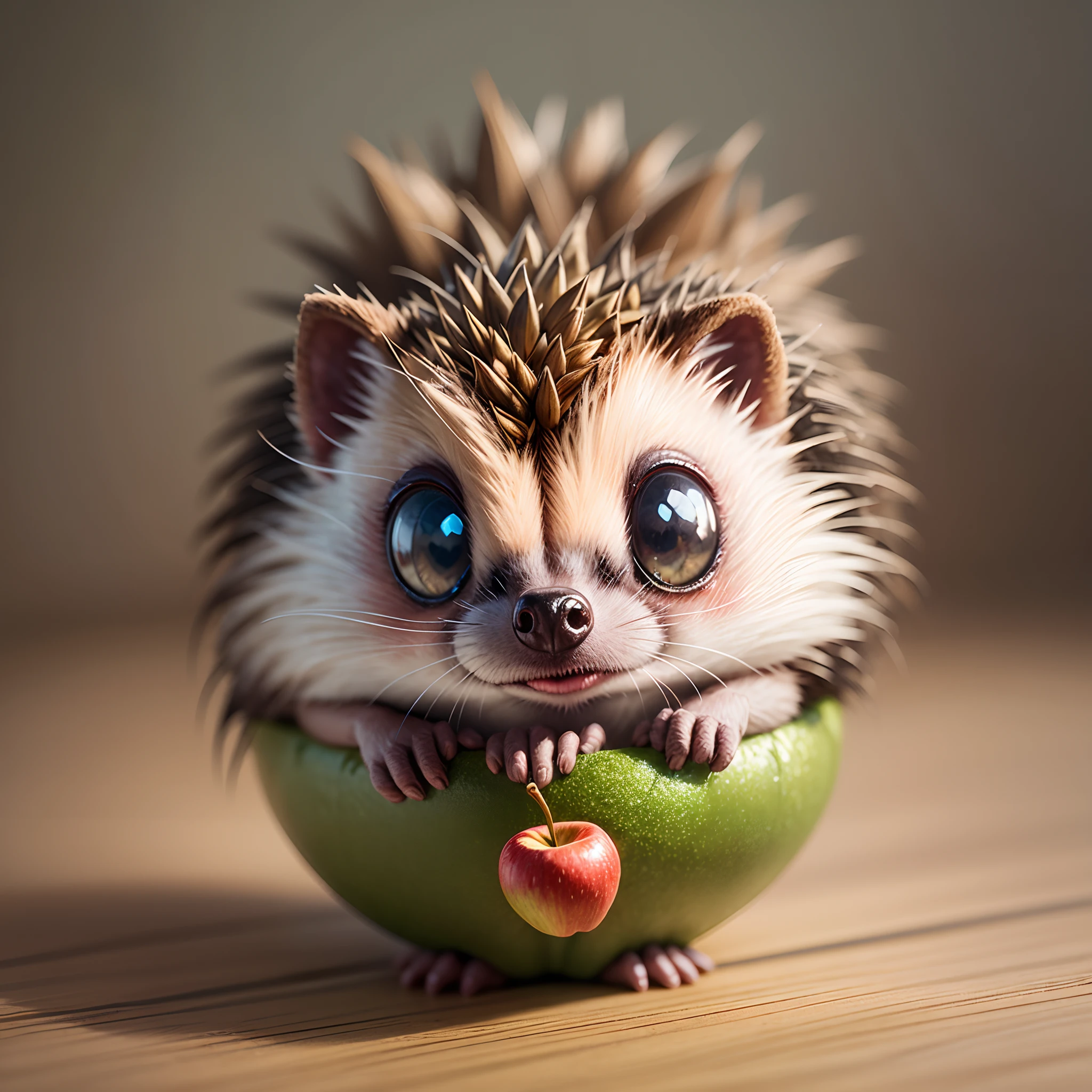 hedgehog kawaii chibi pins and needles has an apple ,unreal engine, hyperrealistic, beautiful, fantasy, ornate, close-up, cgscociety, intricate, 3D, 24K, --auto --s2