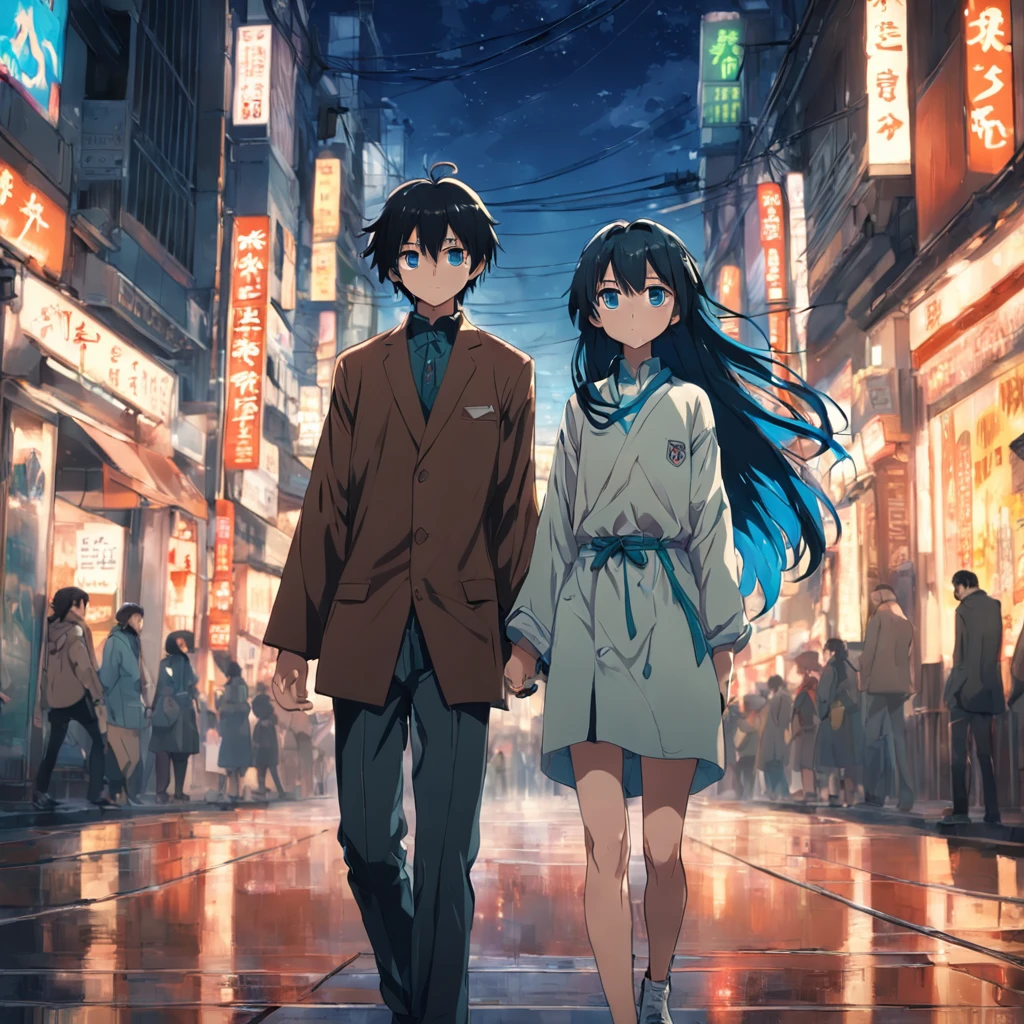 two guys walking down a street in tokyo, having fun, one black hair blue eyes, second brown long hair green eyes