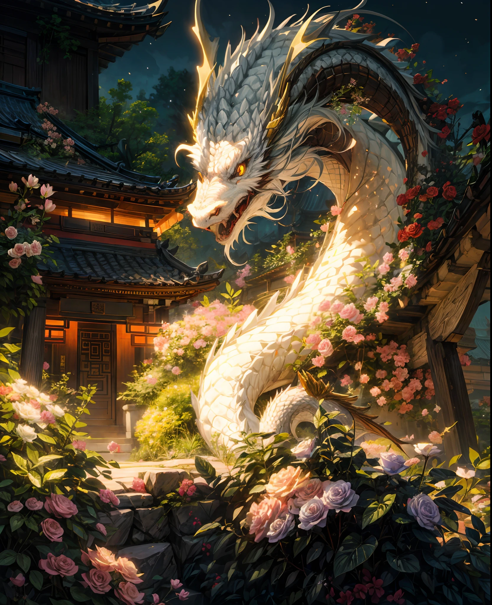 Chinese floral white dragon protecting the tample in full moon night, floral white rose filed,mighty look, digital painting, concept art
