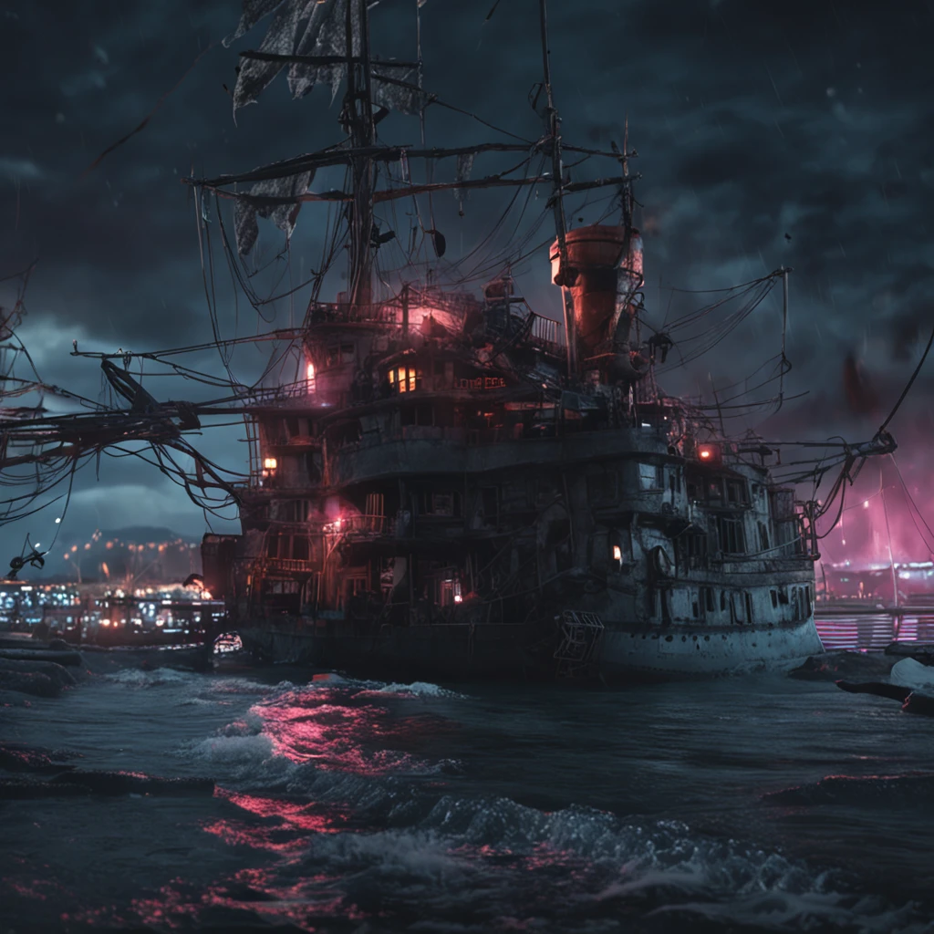 An army of ghost ships in the night. 4k, ultra realista, Kinematic  ::n_Dibujo de estilo, Low quality imperfection, dollface, juego, anime