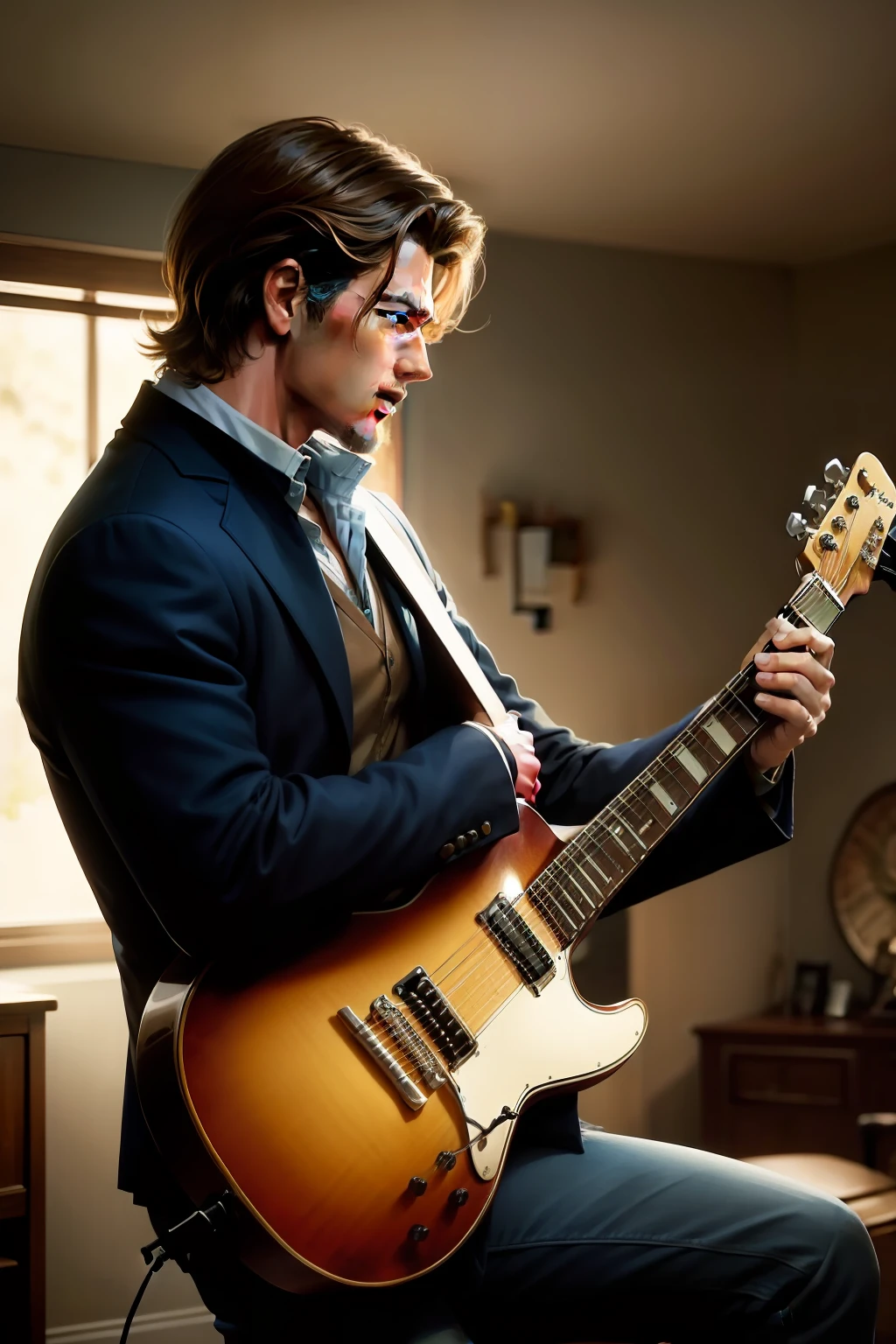 A grainy realistic poor quality picture in the 60s of a handsome looking Vintage man playing guitar.He's in profile, Looking forward with a serious, concentrated expression. He holds the guitar with both hands...