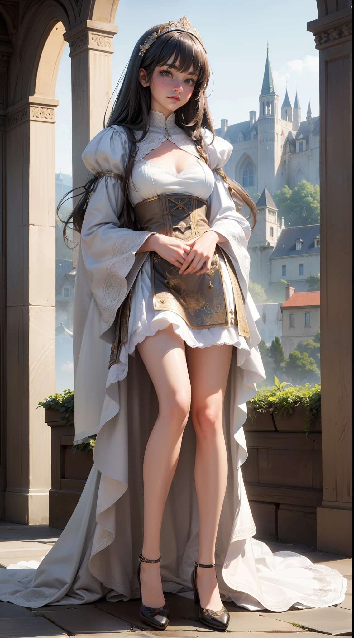 peasant girl, extremely detailed (silk|satin|lacy) (clothing, skirt|dress), neckline, (((1girl))), portrait, (full body), natural breasts, medium length hair, (masterpiece:1.4), (best quality:1.4), 1girl, slim body, photorealistic, ultra detailed, ((Real image)), ((realistic skin)), ((realistic face)),(illustration:1.05), (beautiful:1.05), (beautiful detailed eyes:1.05), (cinematic light:1.1), Full body, hair voluminous, perfect and well designed eyes, beautiful and delicate face, fair skin, real skin, (face detail), pores, super high resolution, 8k, parameters Best quality, masterpiece, super high resolution, (Realistic 2.0), More details, detailed skin, ((castle, stronghold) city, hills, village) beautiful and aesthetic:1.2, fractal art:1.4, 16K, HDR, RTX, Ray Tracing, Radiosity, Anisotropic Filtering, Subsurface Scattering, metallic reflections, vibrant colors