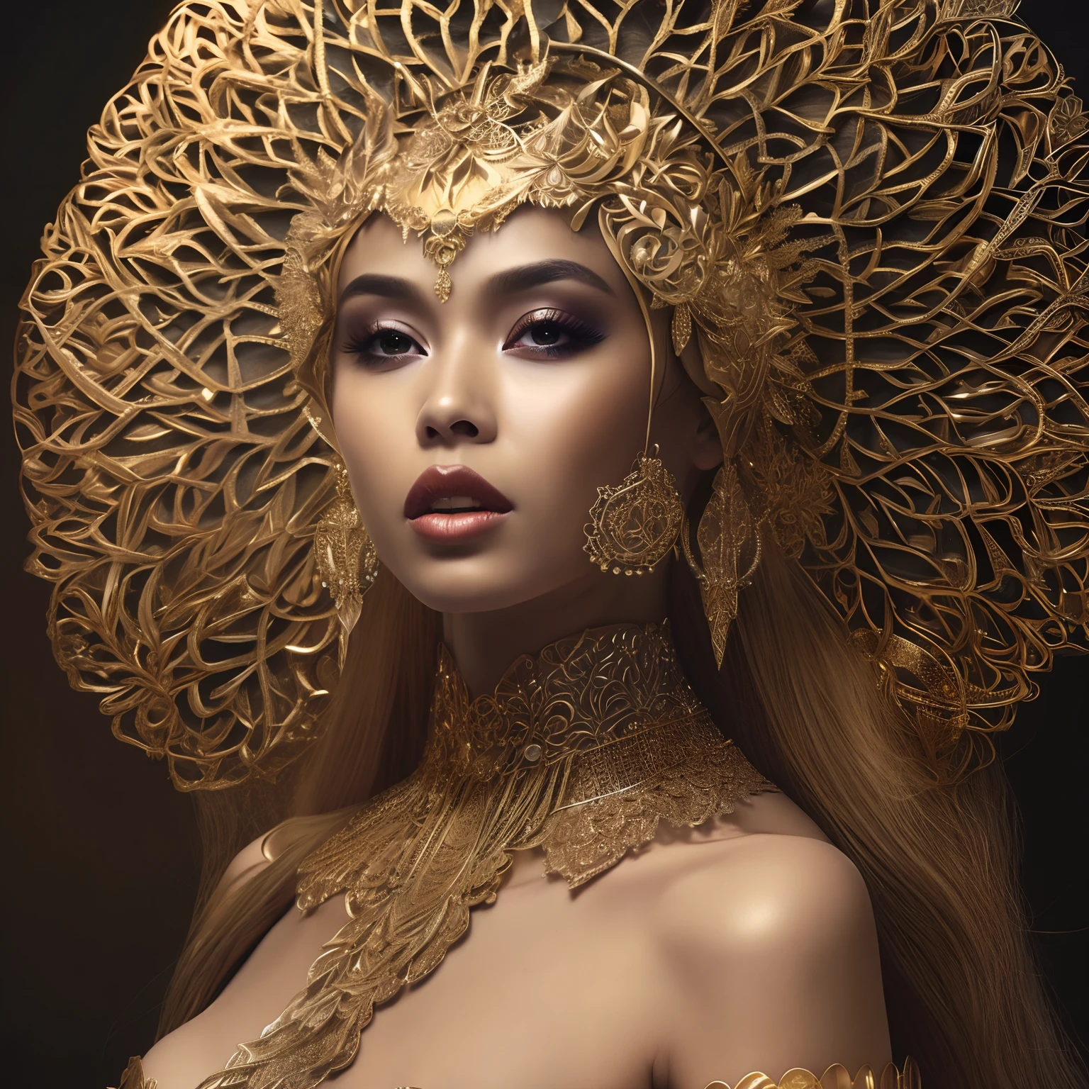 ultrarealistic portrait of a woman with tan skin, wearing gold crafted headpiece, 8k photographic style filigree fractal details intricate ornate outfit hypermaximalist sharp focus, dramatic lighting, highly detailed and intricate, hyper maximalist, ornate, luxury, elite, haunting, matte painting, cinematic, cgsociety, James jean, Brian Froud, Ross Tran