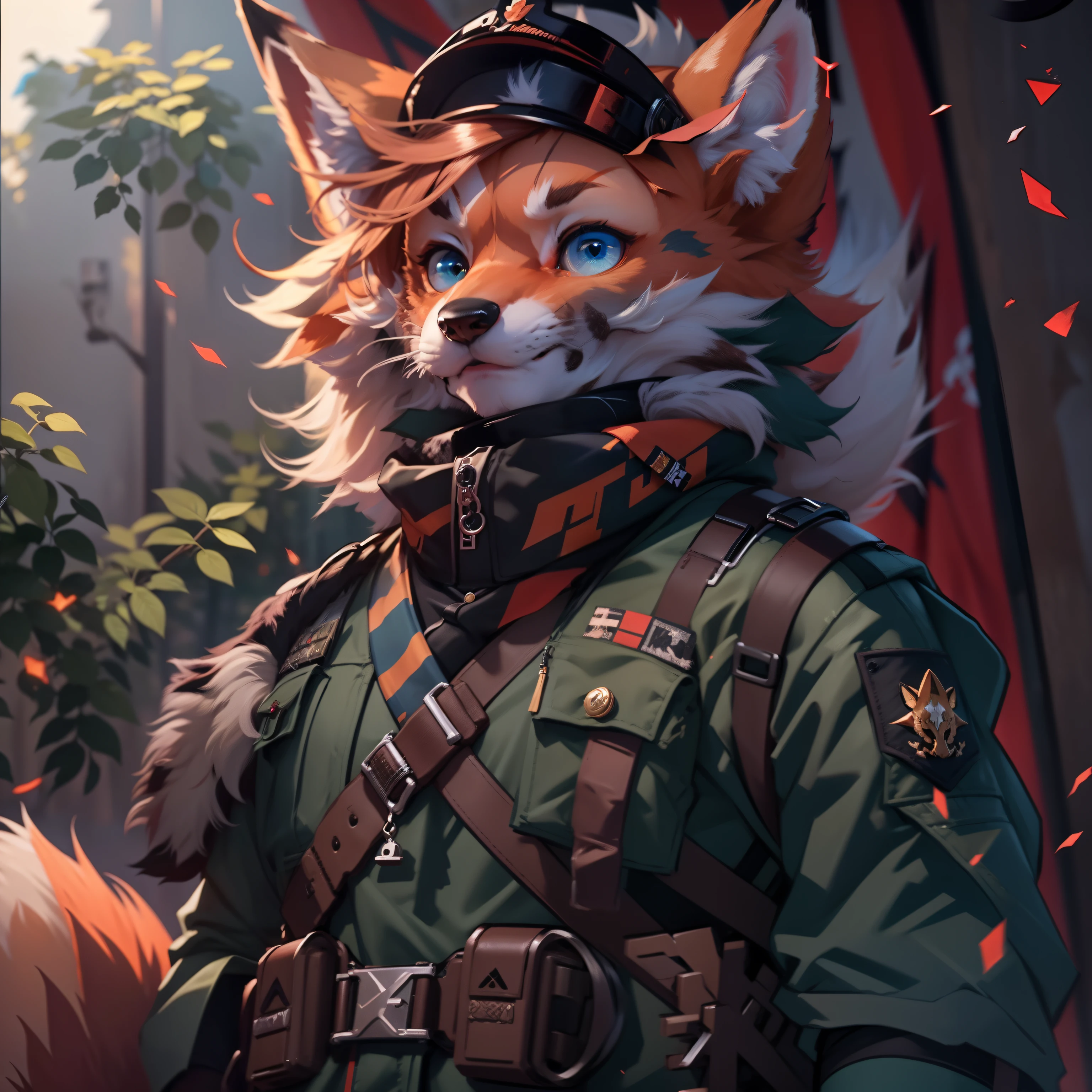 hairy pubic, Furry fox, army suit, Handsome, young, full bodyesbian, k hd, red flags, Sovetsky, 8k, blue color eyes