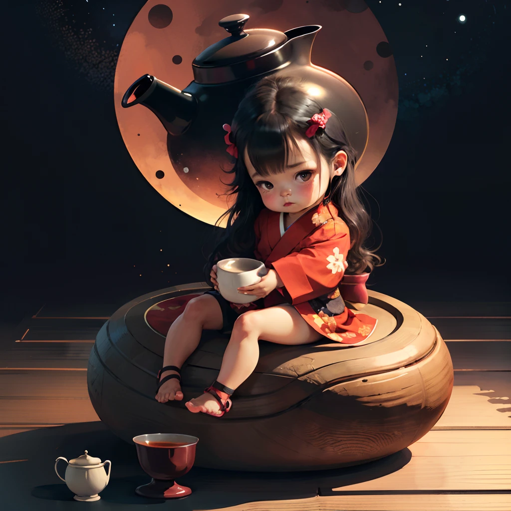 Cute brown skinned chibi anime, black and red kimono, sit in the teapot thank you note, moon, long black hair, clear toes, clear feet, freckle face, wear sandals