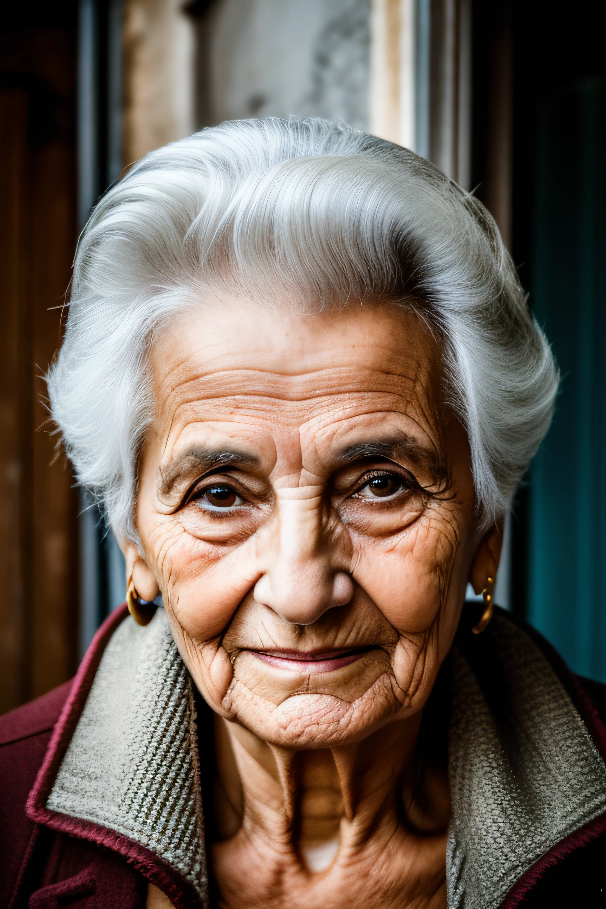 Abuela. Piel oscura, rostro amable y arrugas. Cabello liso, canas. Ojos verdes. Sonrisa leve.