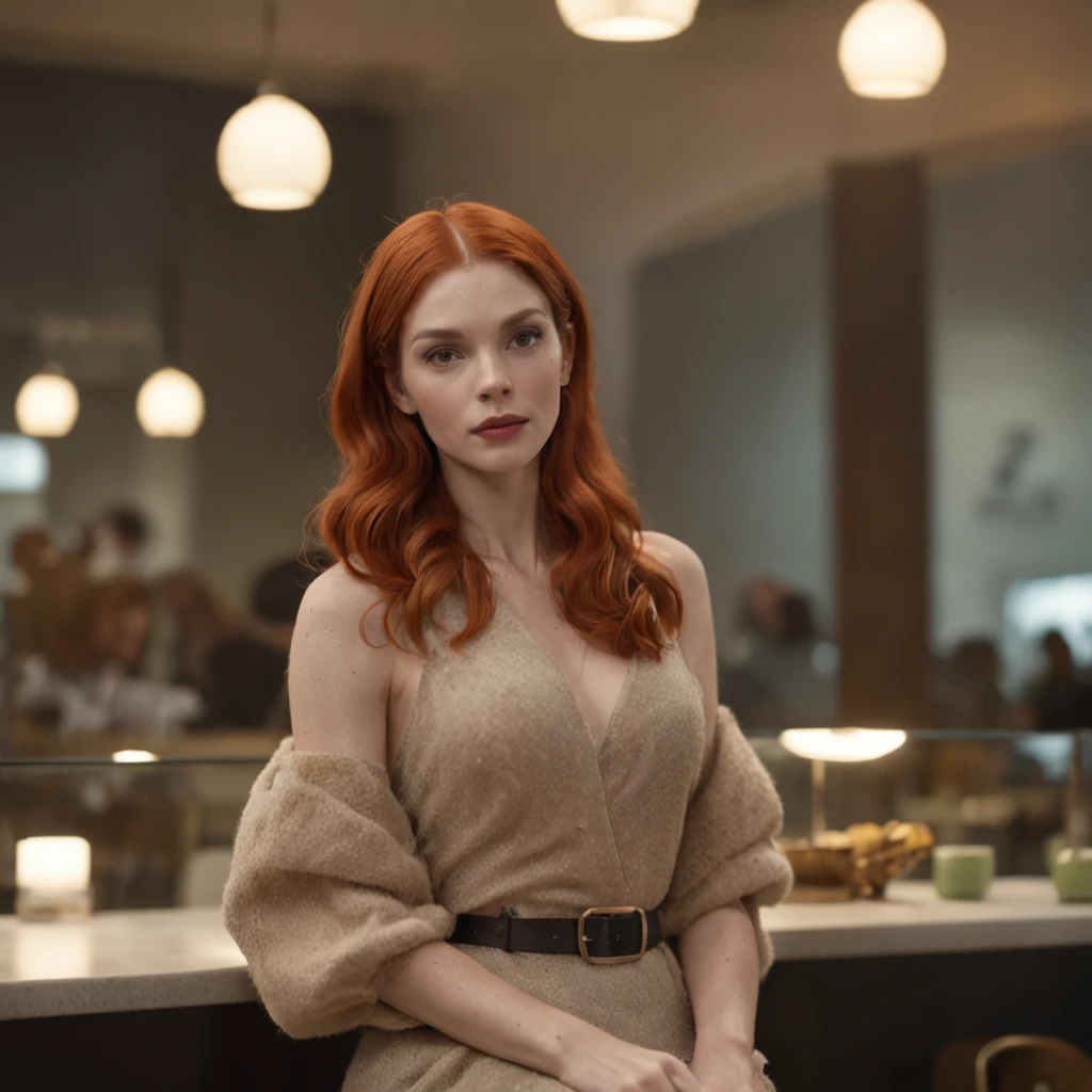 (Professional 3D rendering:1.3) de (Realistic:1.3) foto de arte mais bonita do mundo，mulher ruiva na cafeteria, (( epic fantasy elegant woman movie universe riverdale netflix, long red hair pale ginger clothes moss green and black )), corpo inteiro 8k unidade render, sol refletindo vidro da janela, poros da pele, very dark lighting, sombreamento, circunstanciado, rosto detalhado, (Vibrando, Fotografia realista, Realistic, Dramatic, Escuro, foco nítido, 8k), (Roupas de couro elegantes bege :1.4), ((((Use peles)))), (intrincado:1.4), decadente, (altamente detalhado:1.4), Pintura digital, rendering by octane, art stations, conceito-arte, liso, foco nítido, illustration, germe da arte, (Loish:0.23), Coffee on a table, manha tranquila anos 50, (global ilumination, studiolight, light volumetric), chuva forte, particles floating in light , patife, fantasia, Nosso, Corpo inteiroesbiano, ((Fundo escuro e antigo da cidade:1.3)),Art Etações