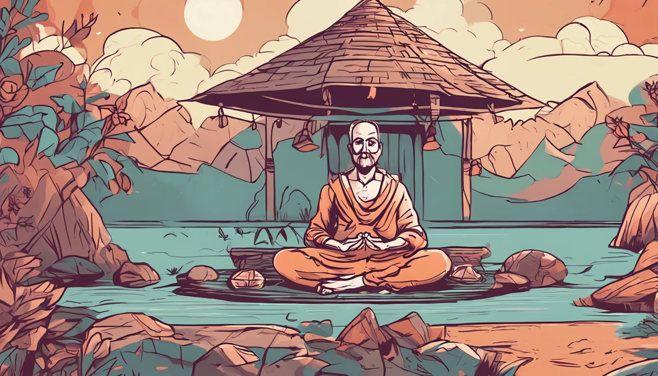 There is a man sitting in a lotus position in front of a campfire, Meditando, meditation, monge meditar, meditation pose, meditating pose, hindu stages of meditation, Meditativo, Estoico e calmo, arte de fundo, Chillhop, lotus pose, serene illustration, Pray in meditation, Padmasana, em uma fogueira na floresta