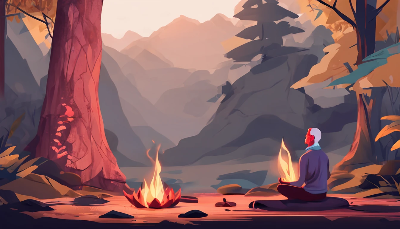 There is a man sitting in a lotus position in front of a campfire, Meditando, meditation, monge meditar, meditation pose, meditating pose, hindu stages of meditation, Meditativo, Estoico e calmo, arte de fundo, Chillhop, lotus pose, serene illustration, Pray in meditation, Padmasana, em uma fogueira na floresta
