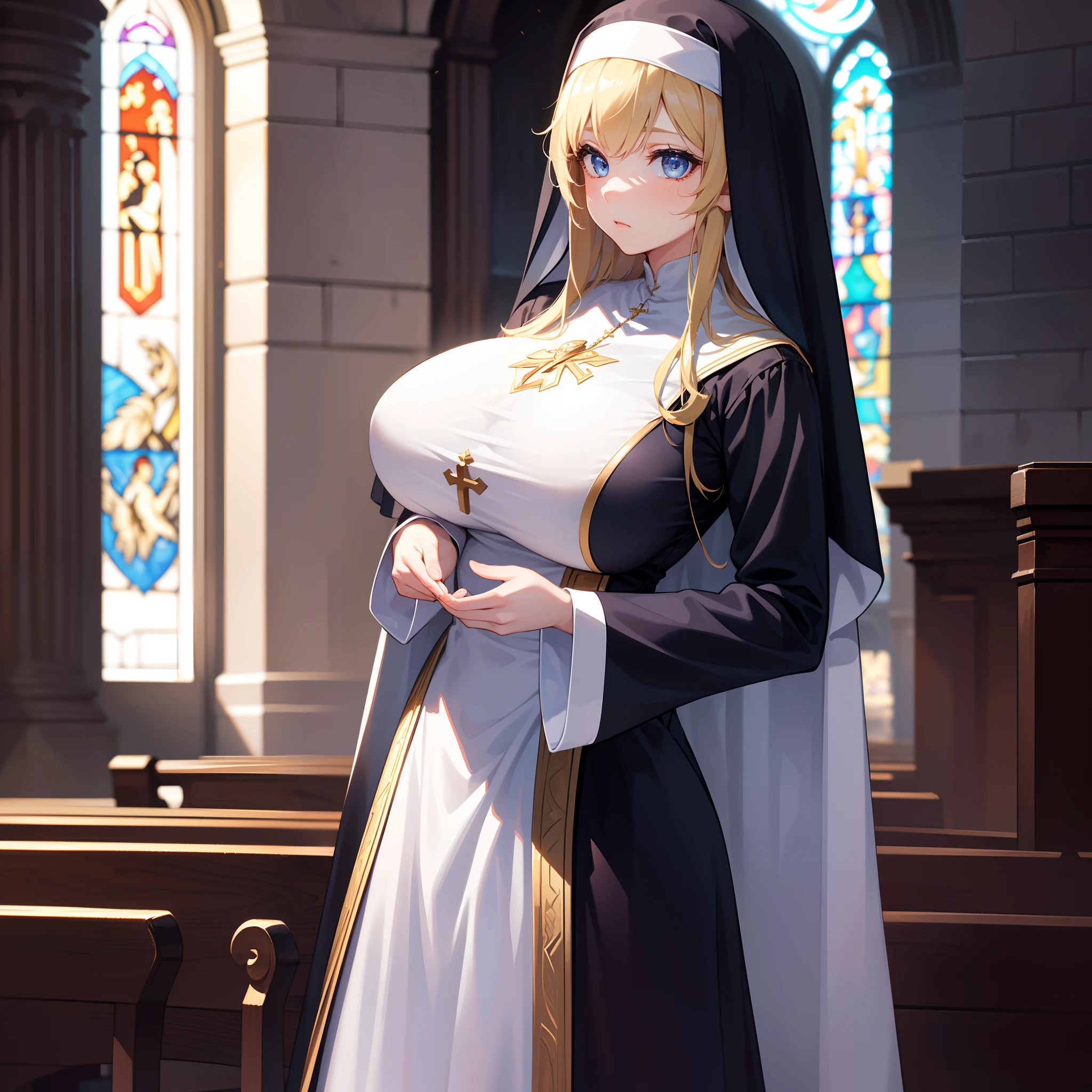 (best quality,4k,8k,highres,masterpiece:1.2),ultra-detailed,realistic,beautiful detailed blue eyes,beautiful detailed lips,extremely detailed face,long hair,1girl,beautiful blonde girl,wearing a nun's outfit,cute,attractive,church, retrato, detailed eyes