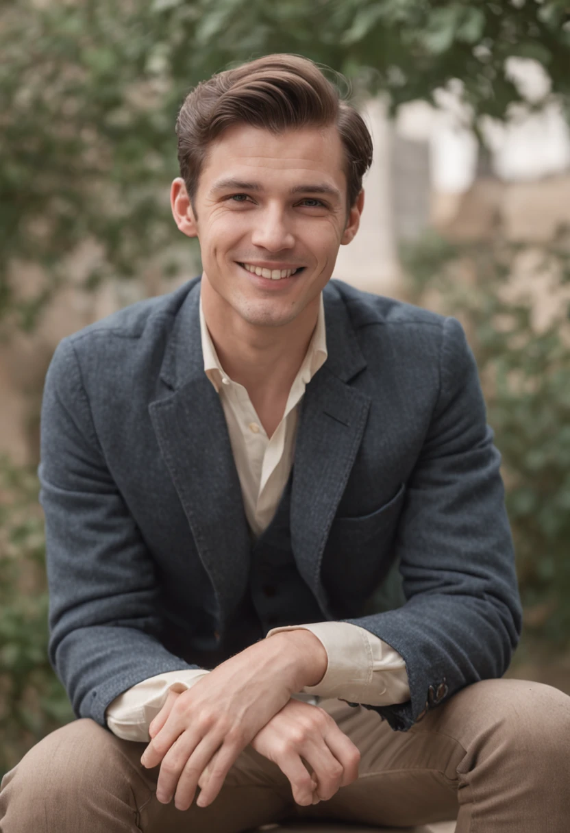 A vintage grainy low quality realistic photograph in the 60s, a handsome man smiling, sitting on a bench