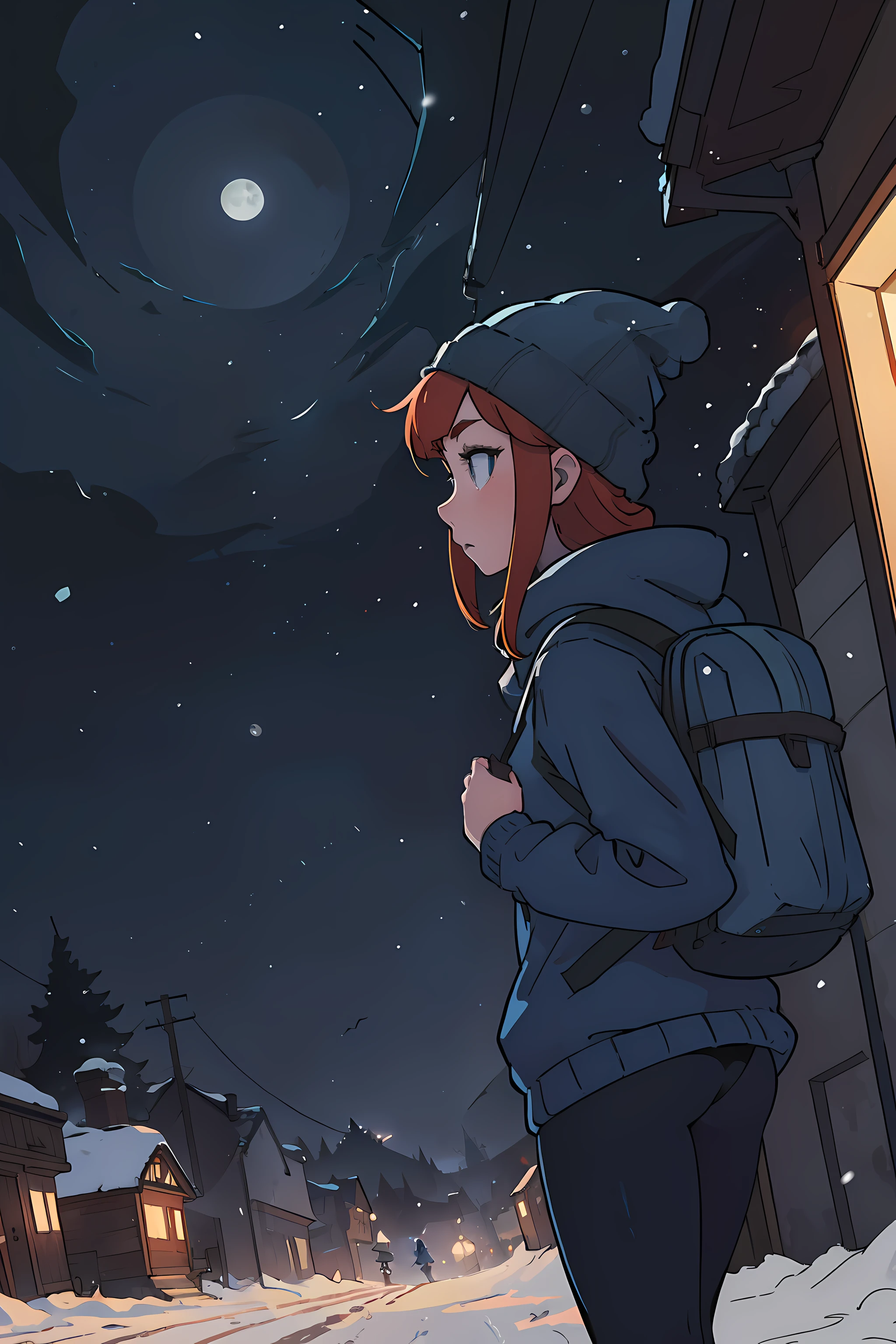 masterpiece, cinematic angle, dynamic framing, low shot poster, a wide shot of a beautiful, slim redhead woman wearing a bright blue sweater, tights, beanie and a backpack walking into a small, creepy town at night, weather snowing, snowy, blizzard with scary, dark atmosphere and lot of fog and snowing night time large moon foggy
