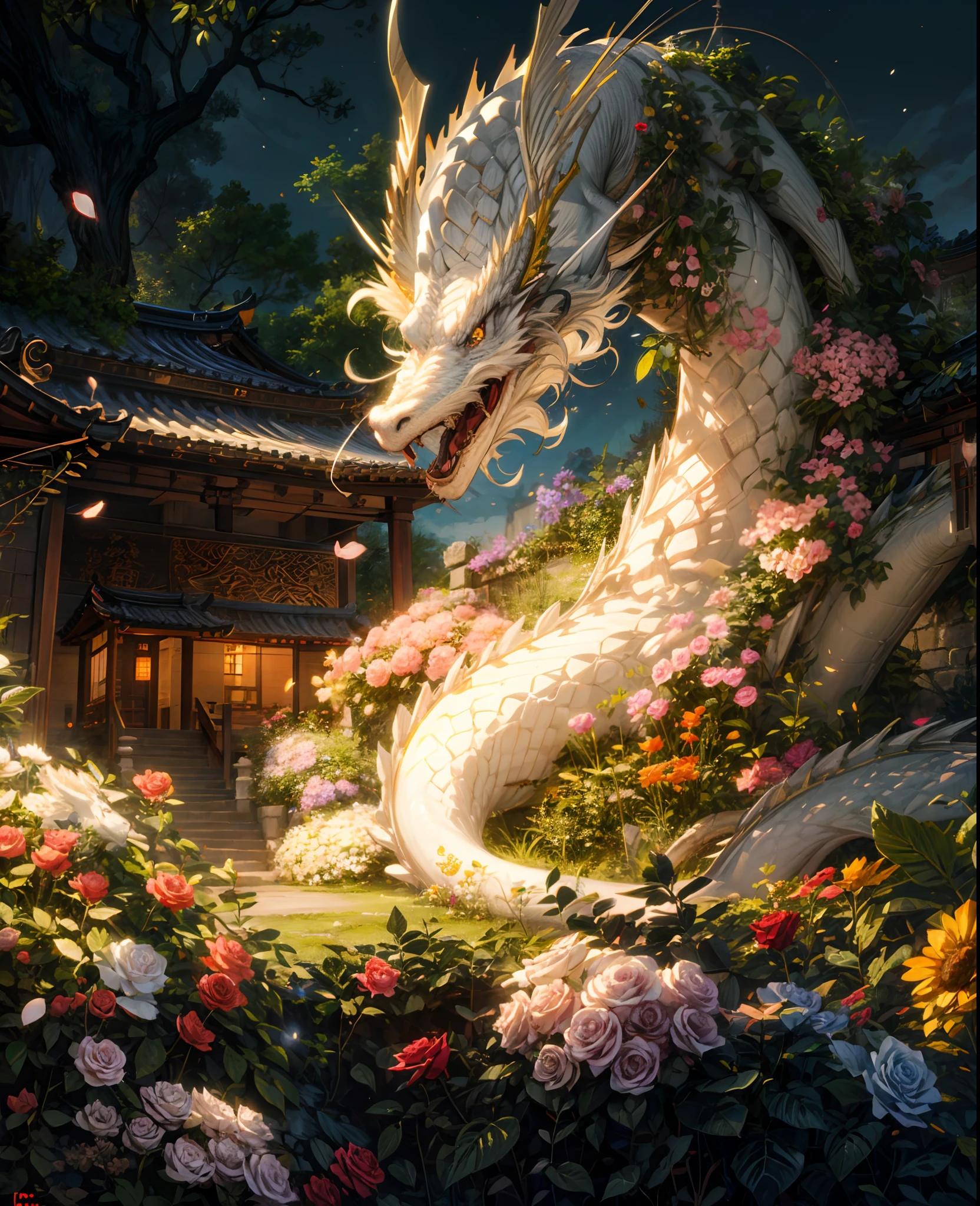 Chinese floral white dragon protecting the tample in full moon night, floral white rose filed,mighty look, digital painting, concept art