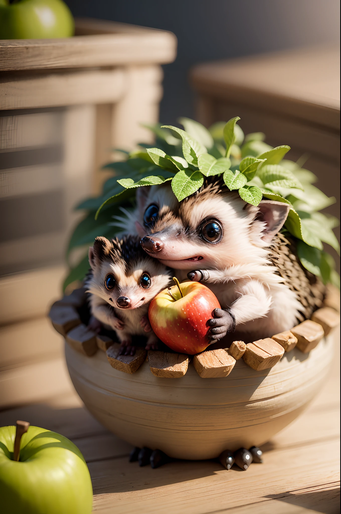 hedgehog kawaii chibi pins and needles has an apple ,unreal engine, hyperrealistic, beautiful, fantasy, ornate, close-up, cgscociety, intricate, 3D, 24K, --auto --s2