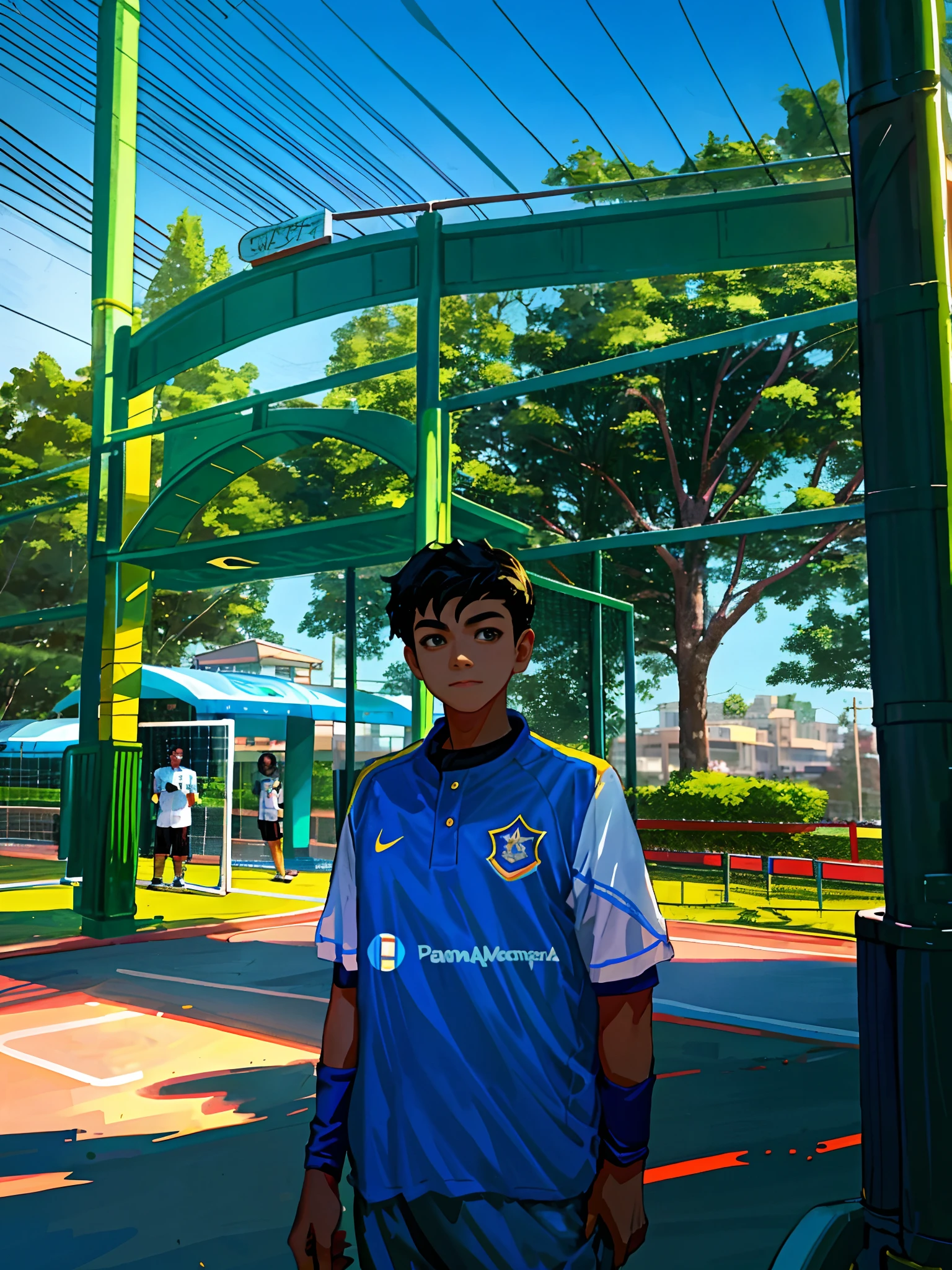 there is a young boy standing in a baseball uniform, thawan duchanee, mohamed chahin style, wearing a school soccer uniform, captured on iphone, old picture, nivanh chanthara, wearing a volleyball jersey, with a park in the back ground, mohamed chahin, shot on iphone 1 3 pro max, taken with the best dlsr camera