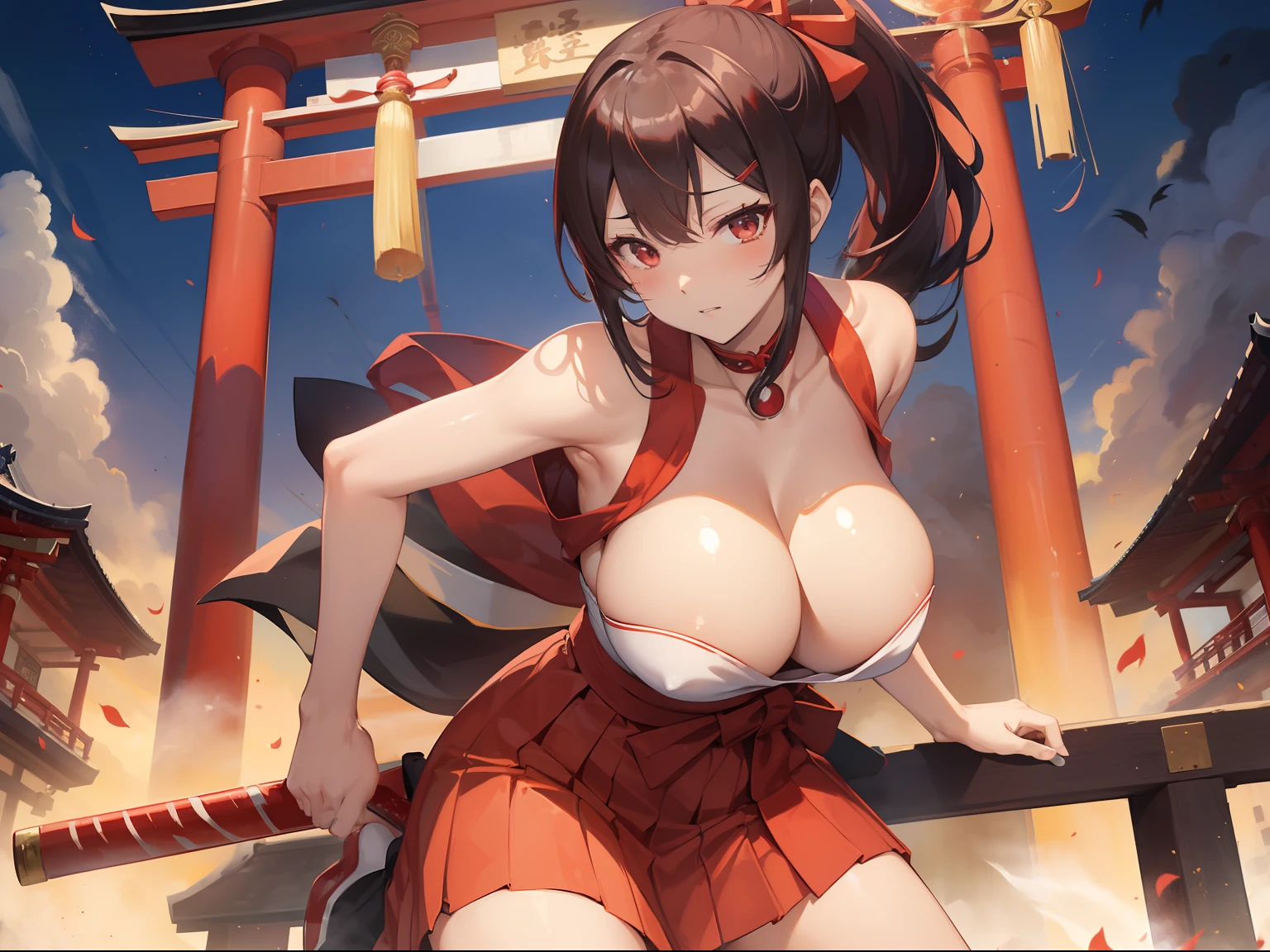 (masutepiece:1.2, Best Quality), (动态照明) 1lady, Solo, High Ponytail, Colossal tits, Hakama, Red skirt, (Shiny skin:1.2), Upper body, torii, temple,There is a bulge in the chest,Kneeling Pose,Sword between chest and leg
