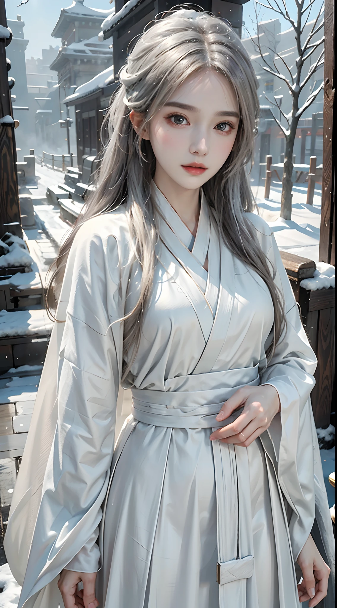 Masterpiece, best quality, night, outdoors, rainy days, branches, Chinese style, ancient China, 1 woman, mature woman, silver white long haired woman, gray blue eyes, light pink lips, cold, serious, weak, bangs, assassins, short knives, white clothes, black clothing patterns, blood stains, blood, injuries, blood on the face, blood on the clothes, rain, fine face, fine face,