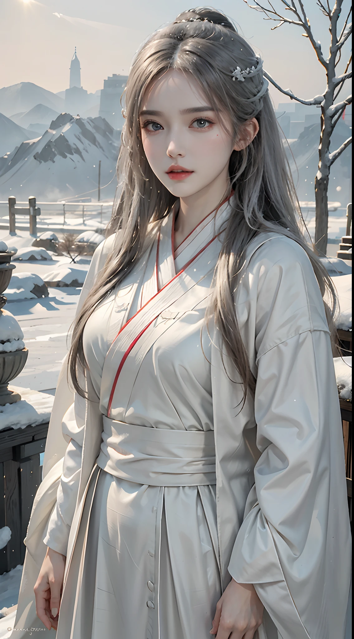 masterpiece, best quality, realistic, 8k, official art, cinematic light, ultra high res, 1girl, day, sunlight, light on face, (white hanfu), (Winter hanfu:1.2), (cloak:1.2), (snow:1.3),(upper body)
French twist, jewelry ,necklace , Appalachian