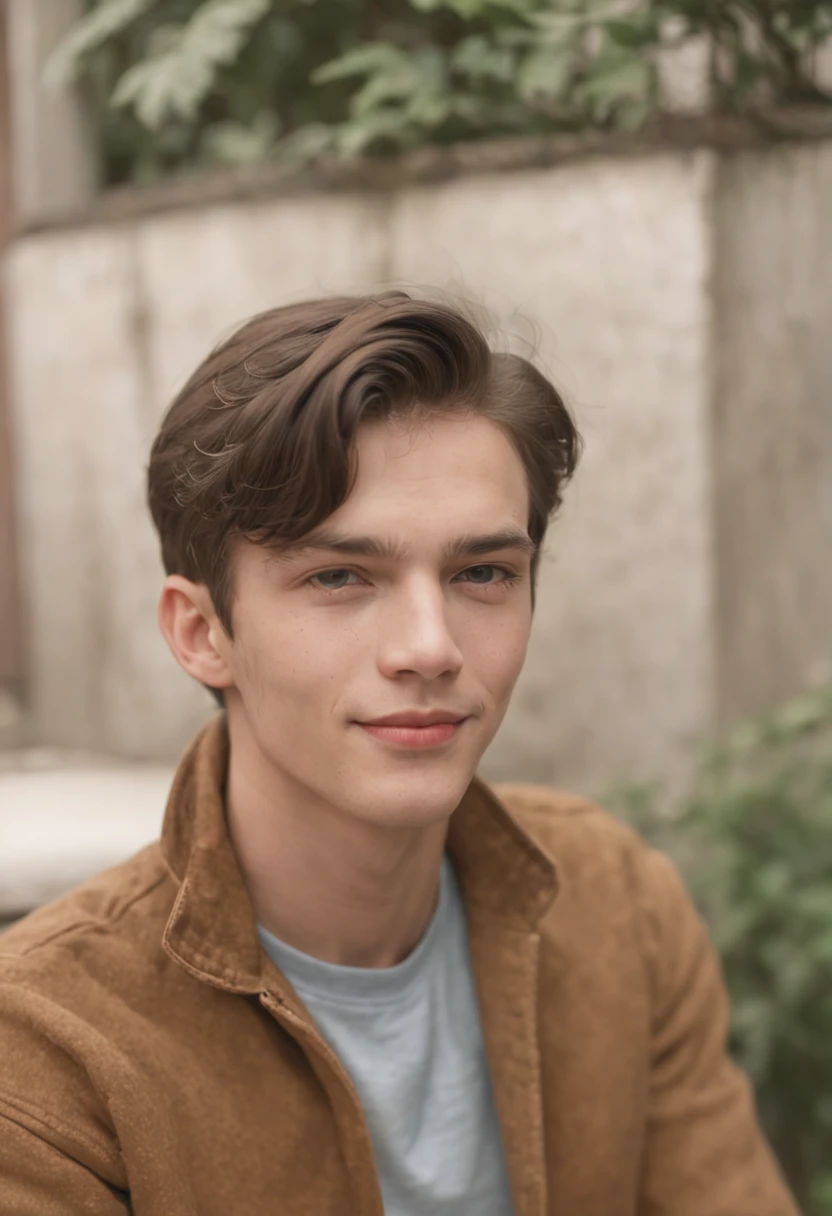 A vintage grainy low quality realistic photograph in the 60s, a handsome young man smiling, sitting on a bench, 60s quality,1960s grainy quality,