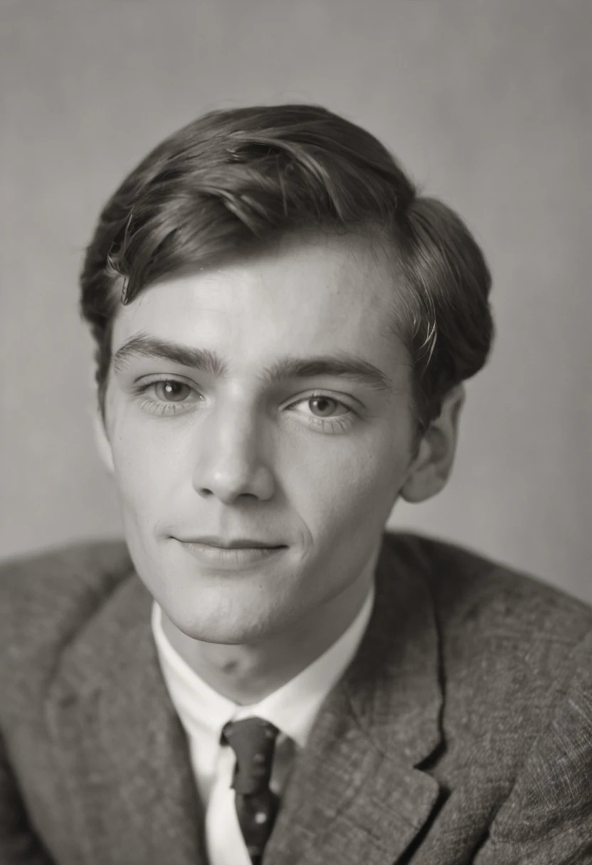 A vintage grainy low quality realistic photograph in the 60s, a handsome young man smiling, sitting on a bench, 60s quality,1960s grainy quality,
