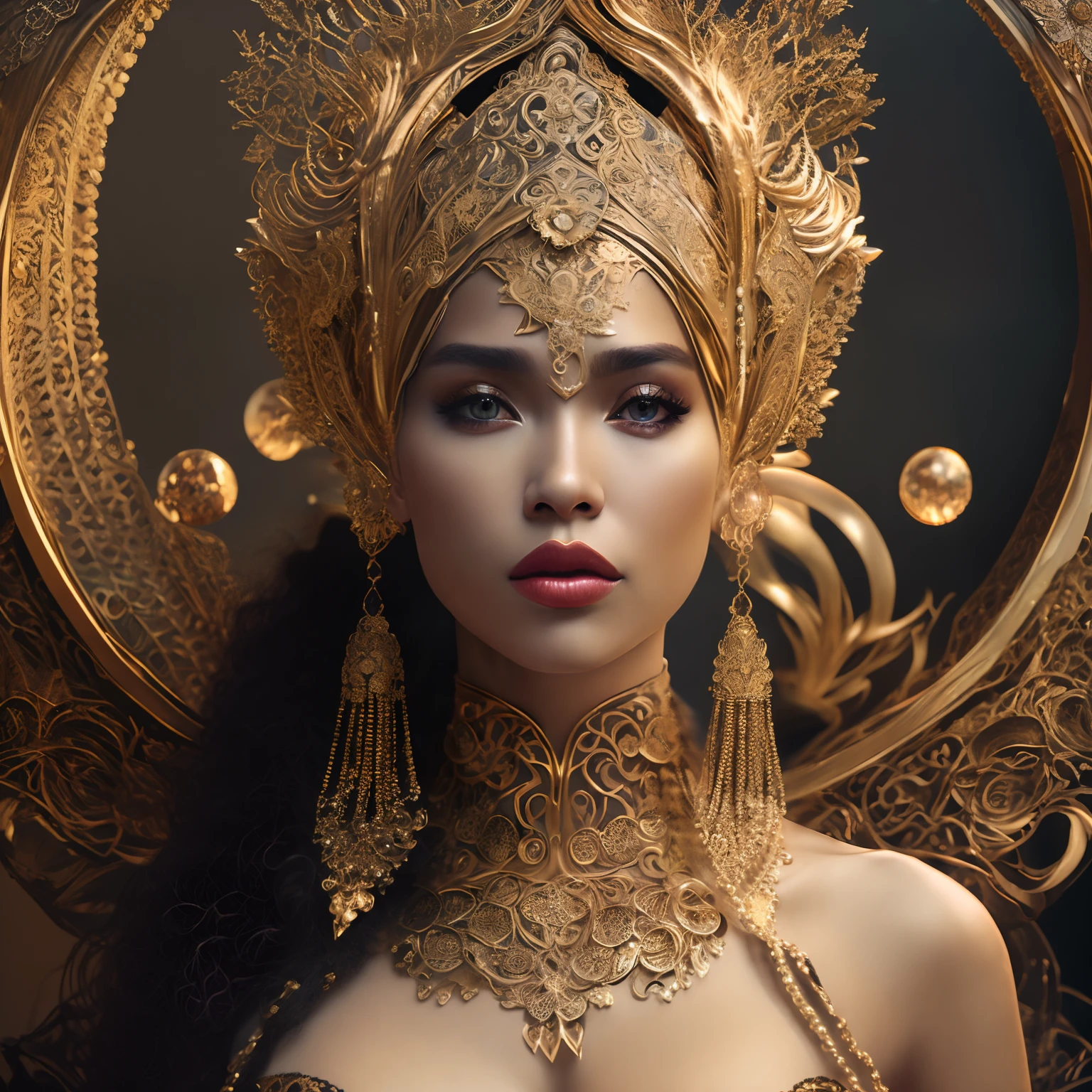 ultrarealistic portrait of a woman with tan skin, wearing gold crafted headpiece, 8k photographic style filigree fractal details intricate ornate outfit hypermaximalist sharp focus, dramatic lighting, highly detailed and intricate, hyper maximalist, ornate, luxury, elite, haunting, matte painting, cinematic, cgsociety, James jean, Brian Froud, Ross Tran