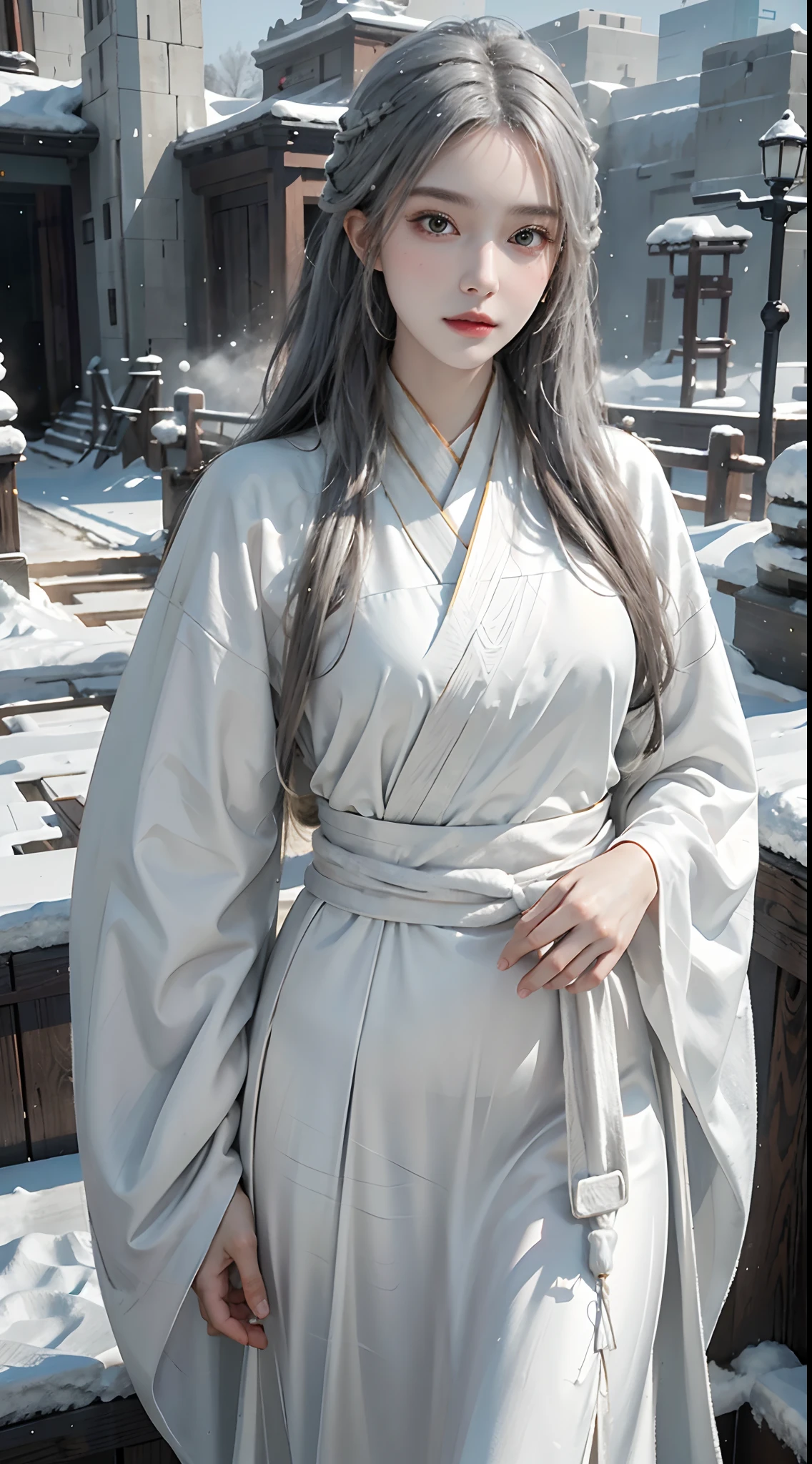 masterpiece, best quality, realistic, 8k, official art, cinematic light, ultra high res, 1girl, day, sunlight, light on face, (white hanfu), (Winter hanfu:1.2), (cloak:1.2), (snow:1.3),(upper body)
French twist, jewelry ,necklace , Appalachian