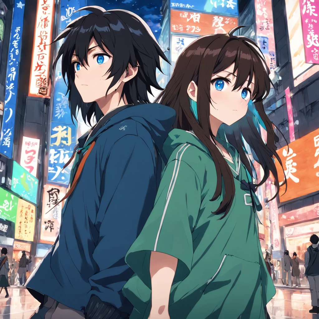 two guys walking down a street in tokyo, having fun, one black hair blue eyes, second brown long hair green eyes, 2000 vibes, 2000s anime