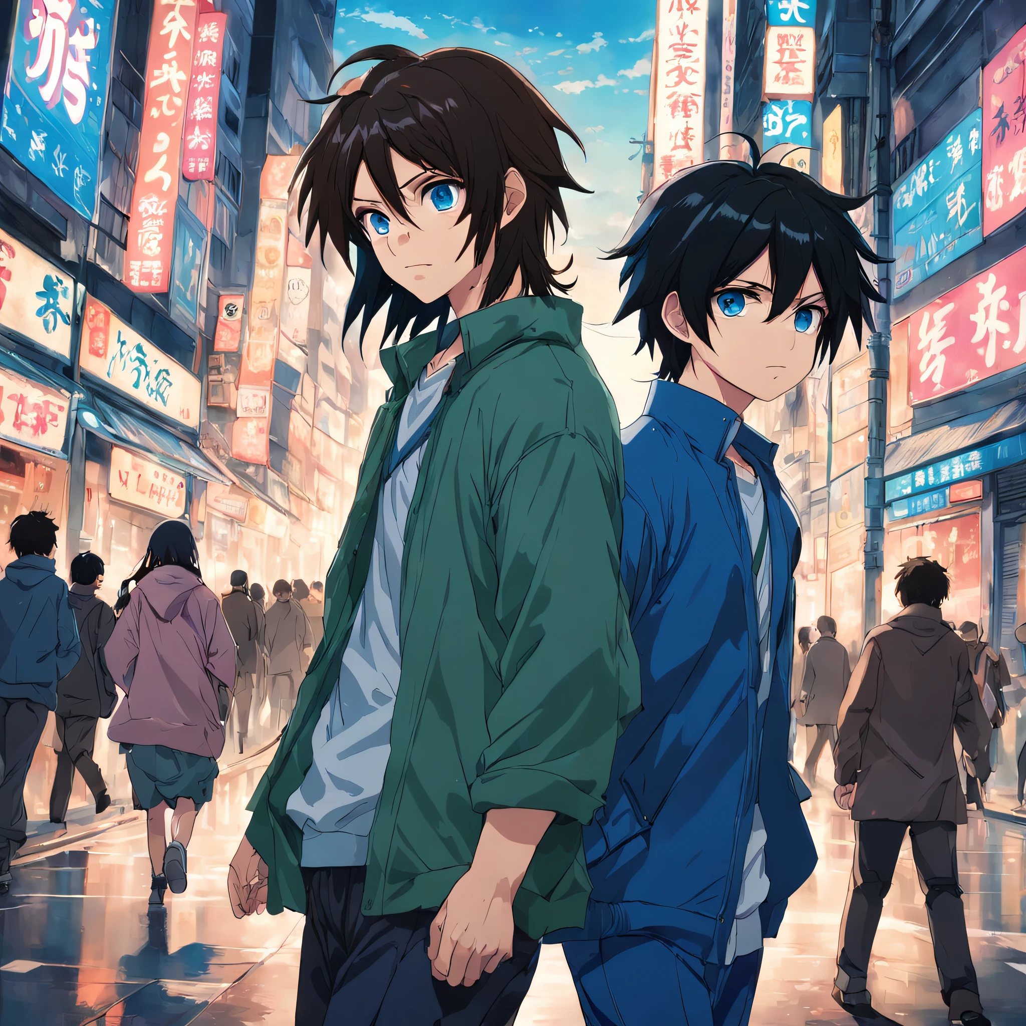 two guys walking down a street in tokyo, having fun, one black hair blue eyes, second brown long hair green eyes, 2000 vibes, 2000s anime