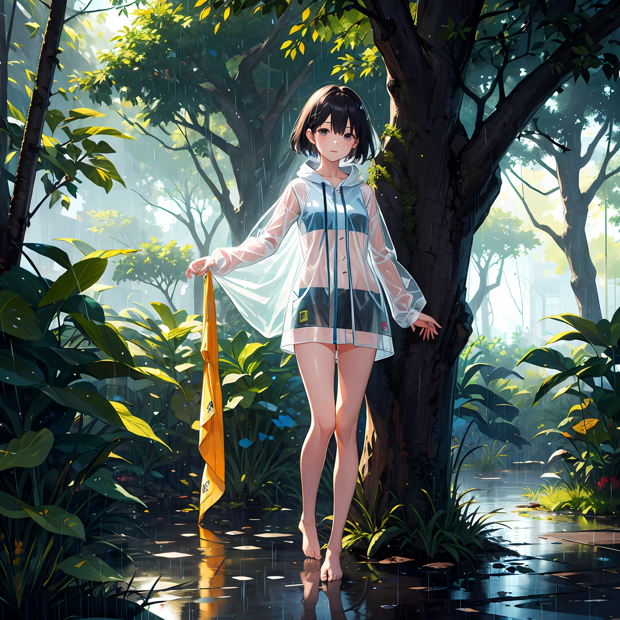 年轻,whaite hair,quadratic element,adolable,Kizi,Barefoot,Bare legged,Bare arms,see-through raincoat,on trees,rained
