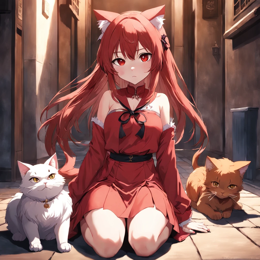 Anime girl in red dress stroking cat on the ground, attractive cat girl, beautiful young catgirl, beautiful anime catgirl, very beautiful cute catgirl, Vlop and Sakimichan, anime cat girl, catgirl, ahri, very beautiful anime cat girl, Nixeu and Sakimichan, cat girl, Anime Cat, cute anime catgirl