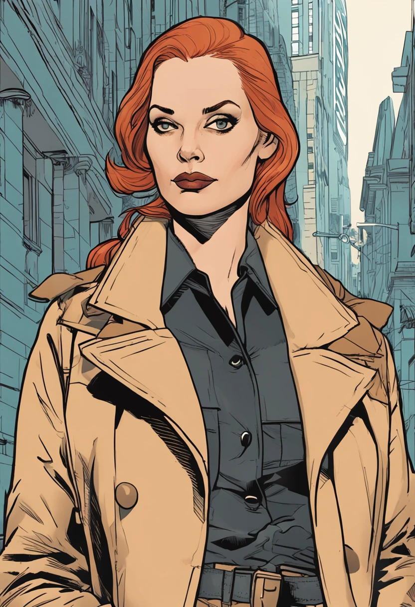 um close up de uma pessoa em um trench coat e jeans, arte oficial do personagem, official character illustration, adam hughes, Closeup da arte do personagem, pesquisadora do sexo feminino, Retrato de corpo inteiro de Jean Grey, arte detalhada do personagem, retrato detalhado do caractere, arte da capa dos quadrinhos de phil noto, Anya, Spy X Family, full-colour illustration, protagonista feminina, Dinah Drake, roupas de detetive