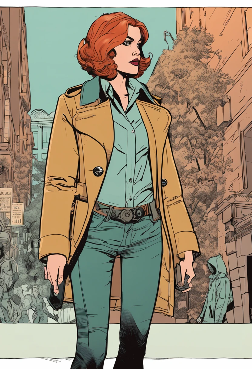 um close up de uma pessoa em um trench coat e jeans, arte oficial do personagem, official character illustration, adam hughes, Closeup da arte do personagem, pesquisadora do sexo feminino, Retrato de corpo inteiro de Jean Grey, arte detalhada do personagem, retrato detalhado do caractere, arte da capa dos quadrinhos de phil noto, Anya, Spy X Family, full-colour illustration, protagonista feminina, Dinah Drake, roupas de detetive