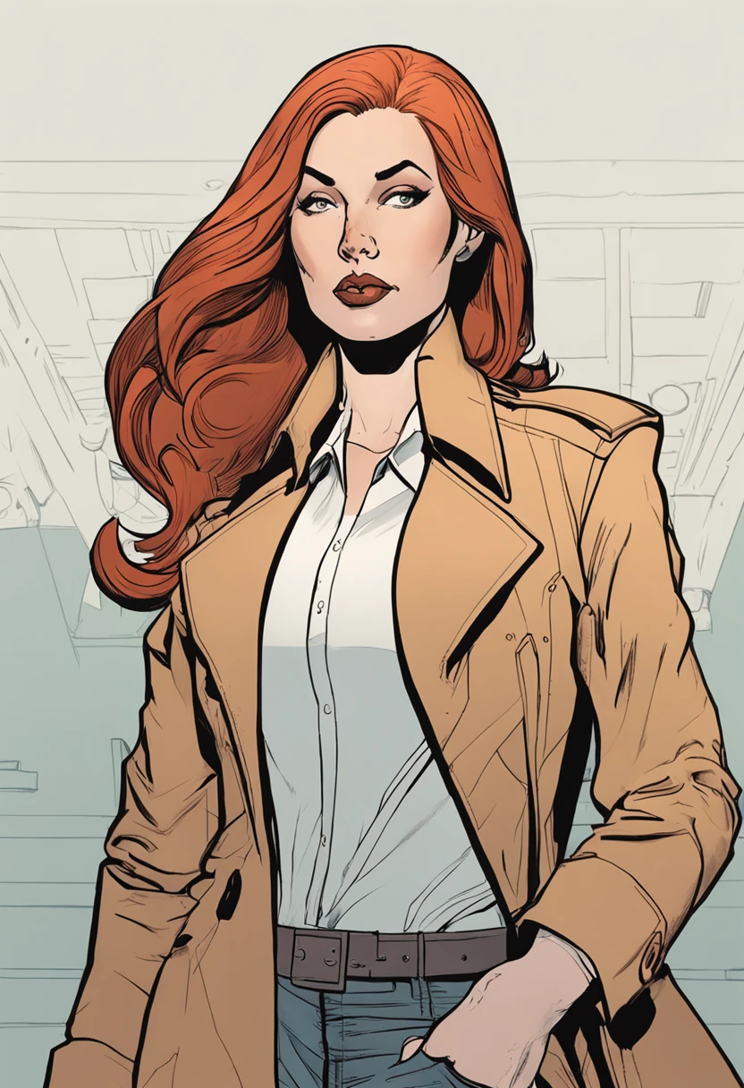 um close up de uma pessoa em um trench coat e jeans, arte oficial do personagem, official character illustration, adam hughes, Closeup da arte do personagem, pesquisadora do sexo feminino, Retrato de corpo inteiro de Jean Grey, arte detalhada do personagem, retrato detalhado do caractere, arte da capa dos quadrinhos de phil noto, Anya, Spy X Family, full-colour illustration, protagonista feminina, Dinah Drake, roupas de detetive
